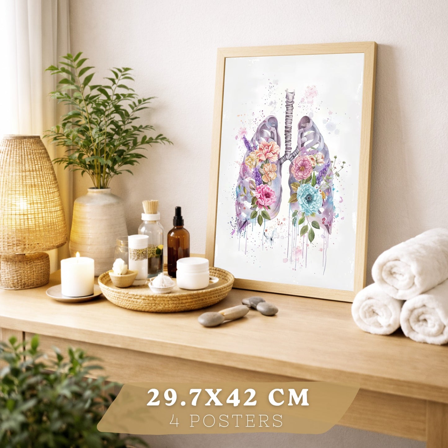Set 4 Láminas de Anatomía Humana Posters y Cuadros con Calavera, Pulmones, Sistema Digestivo y Cerebro Estilo Acuarela Floral