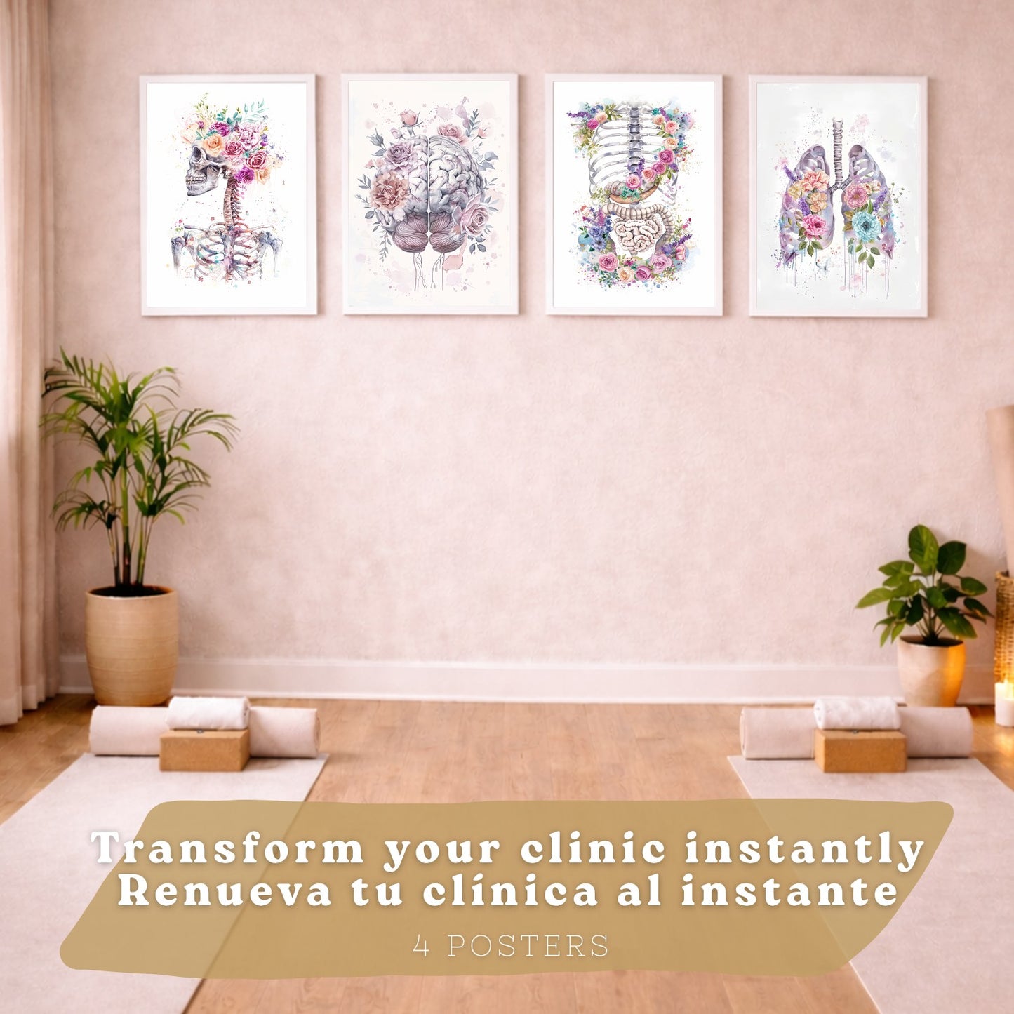 Set 4 Láminas de Anatomía Humana Posters y Cuadros con Calavera, Pulmones, Sistema Digestivo y Cerebro Estilo Acuarela Floral