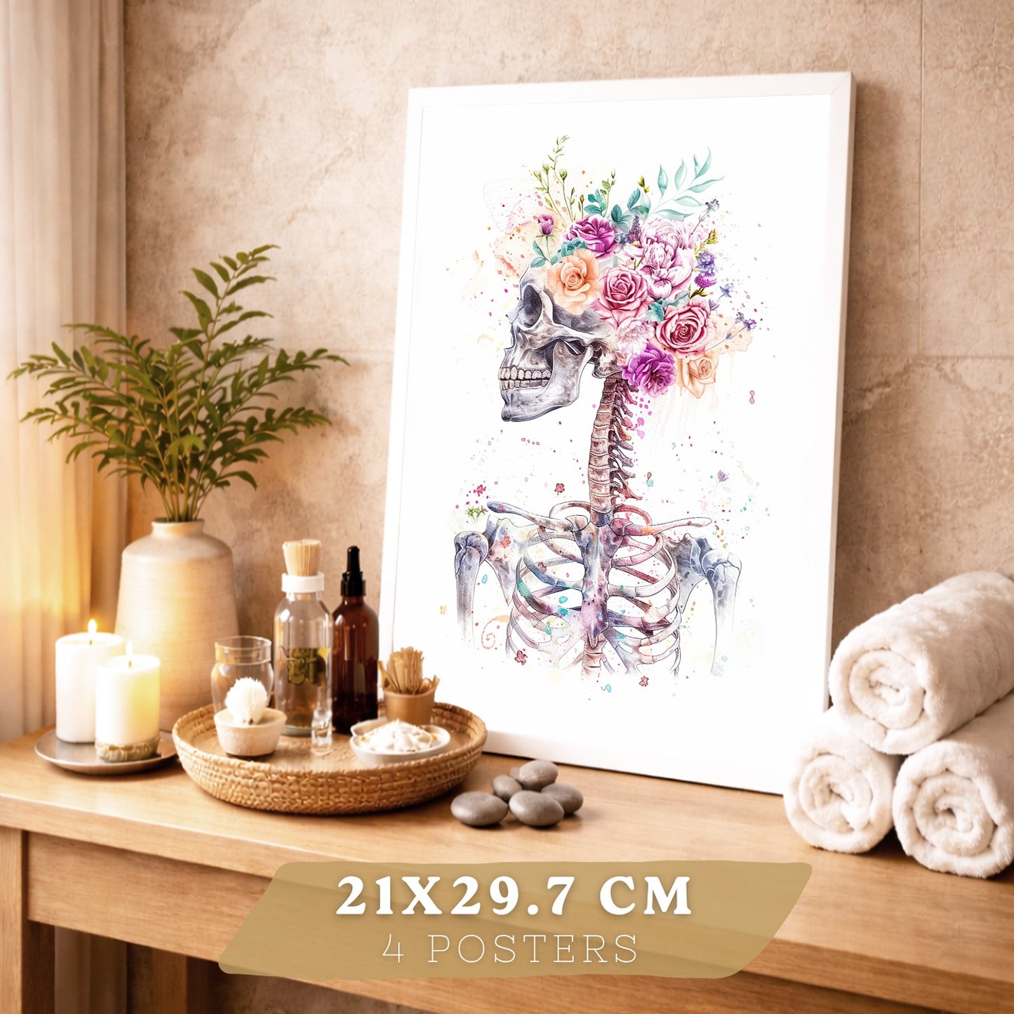 Set 4 Láminas de Anatomía Humana Posters y Cuadros con Calavera, Pulmones, Sistema Digestivo y Cerebro Estilo Acuarela Floral