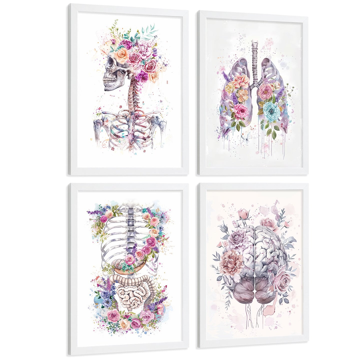 Set 4 Láminas de Anatomía Humana Posters y Cuadros con Calavera, Pulmones, Sistema Digestivo y Cerebro Estilo Acuarela Floral