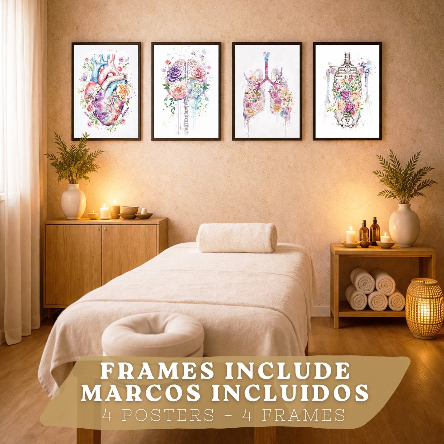 Set 4 Cuadros Decorativos de Anatomía Humana Láminas y Posters con Corazón Cerebro Pulmones Tráquea Bronquios Columna Vertebral Diseño Floral Acuarela