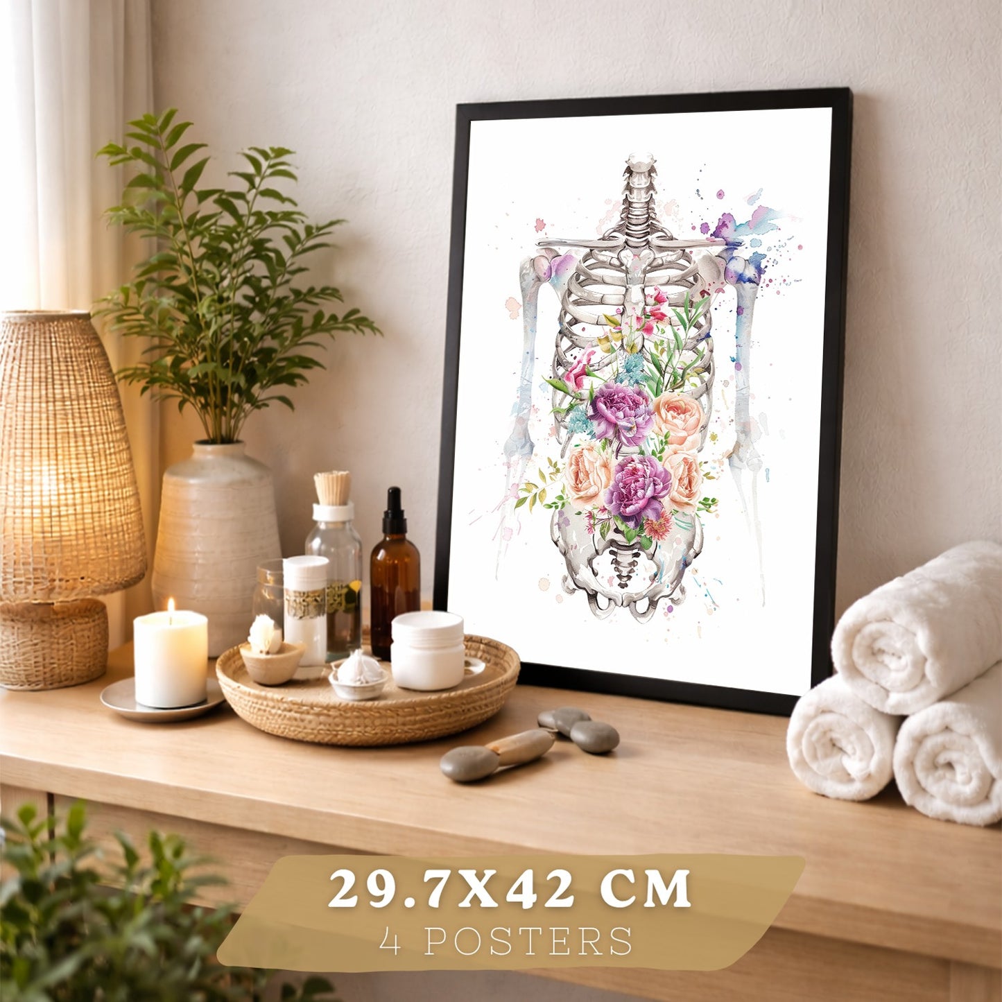 Set 4 Cuadros Decorativos de Anatomía Humana Láminas y Posters con Corazón Cerebro Pulmones Tráquea Bronquios Columna Vertebral Diseño Floral Acuarela