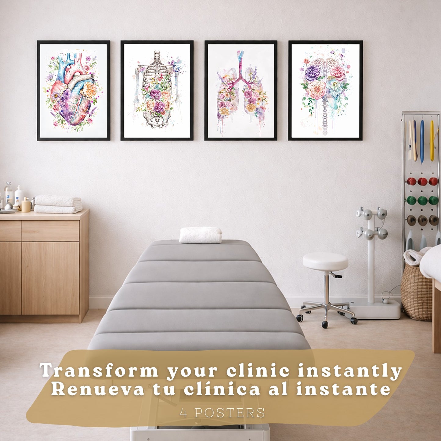 Set 4 Cuadros Decorativos de Anatomía Humana Láminas y Posters con Corazón Cerebro Pulmones Tráquea Bronquios Columna Vertebral Diseño Floral Acuarela