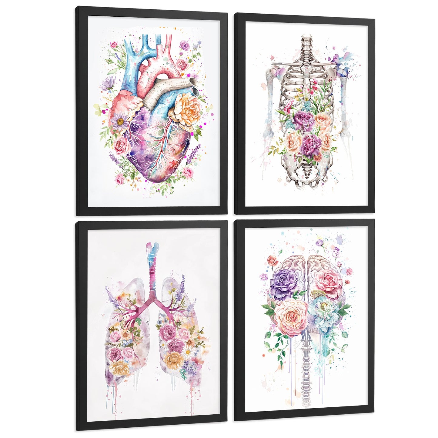 Set 4 Cuadros Decorativos de Anatomía Humana Láminas y Posters con Corazón Cerebro Pulmones Tráquea Bronquios Columna Vertebral Diseño Floral Acuarela