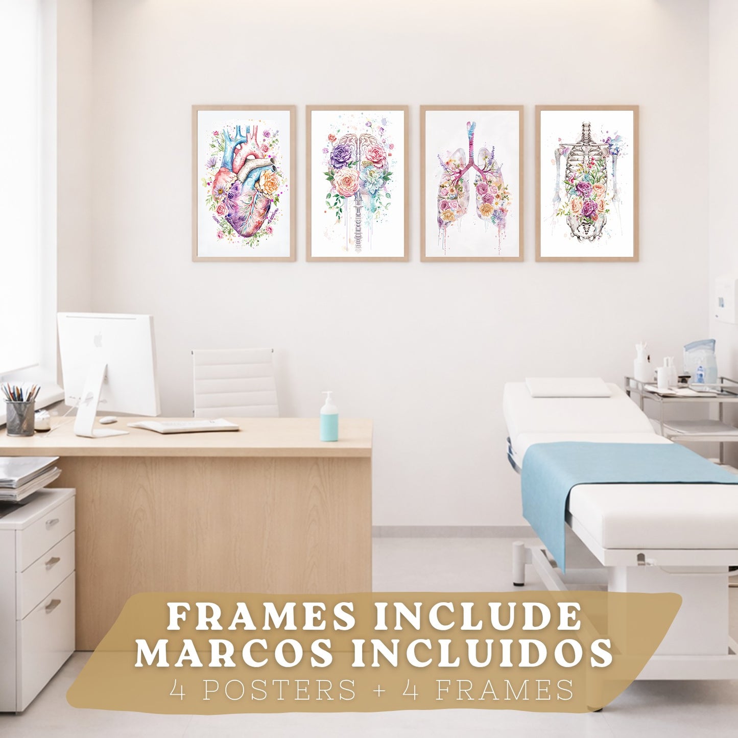 Set 4 Cuadros Decorativos de Anatomía Humana Láminas y Posters con Corazón Cerebro Pulmones Tráquea Bronquios Columna Vertebral Diseño Floral Acuarela