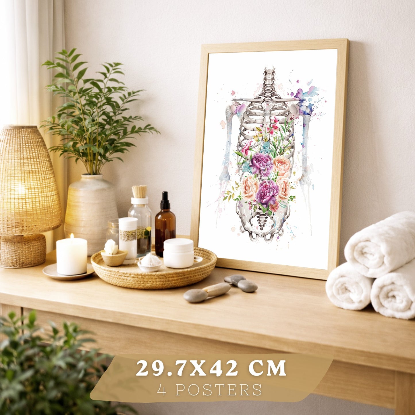 Set 4 Cuadros Decorativos de Anatomía Humana Láminas y Posters con Corazón Cerebro Pulmones Tráquea Bronquios Columna Vertebral Diseño Floral Acuarela