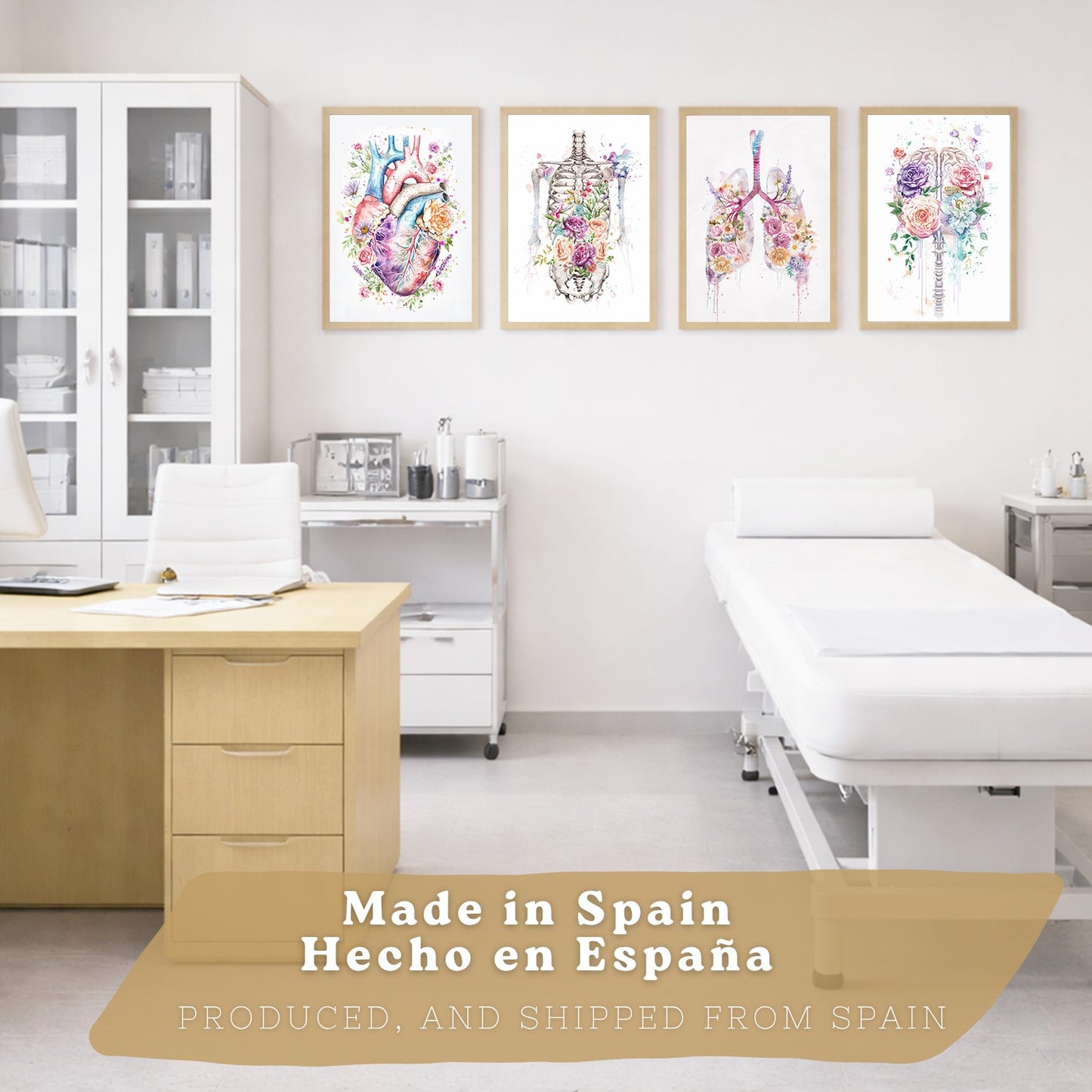 Set 4 Cuadros Decorativos de Anatomía Humana Láminas y Posters con Corazón Cerebro Pulmones Tráquea Bronquios Columna Vertebral Diseño Floral Acuarela