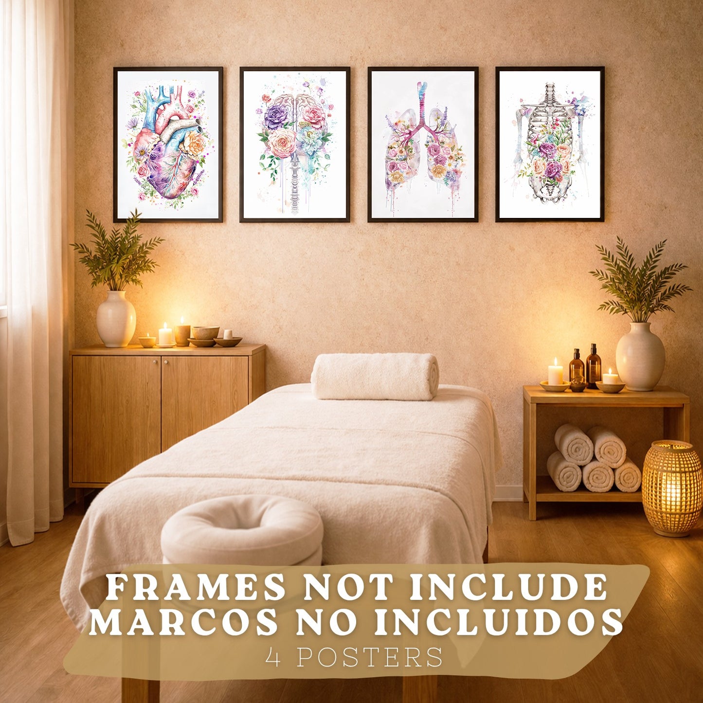 Set 4 Cuadros Decorativos de Anatomía Humana Láminas y Posters con Corazón Cerebro Pulmones Tráquea Bronquios Columna Vertebral Diseño Floral Acuarela