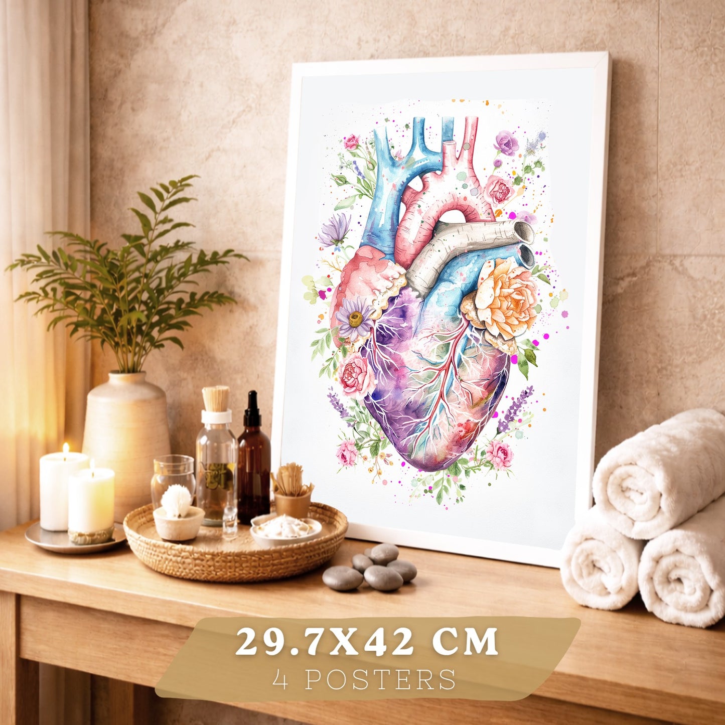 Set 4 Cuadros Decorativos de Anatomía Humana Láminas y Posters con Corazón Cerebro Pulmones Tráquea Bronquios Columna Vertebral Diseño Floral Acuarela