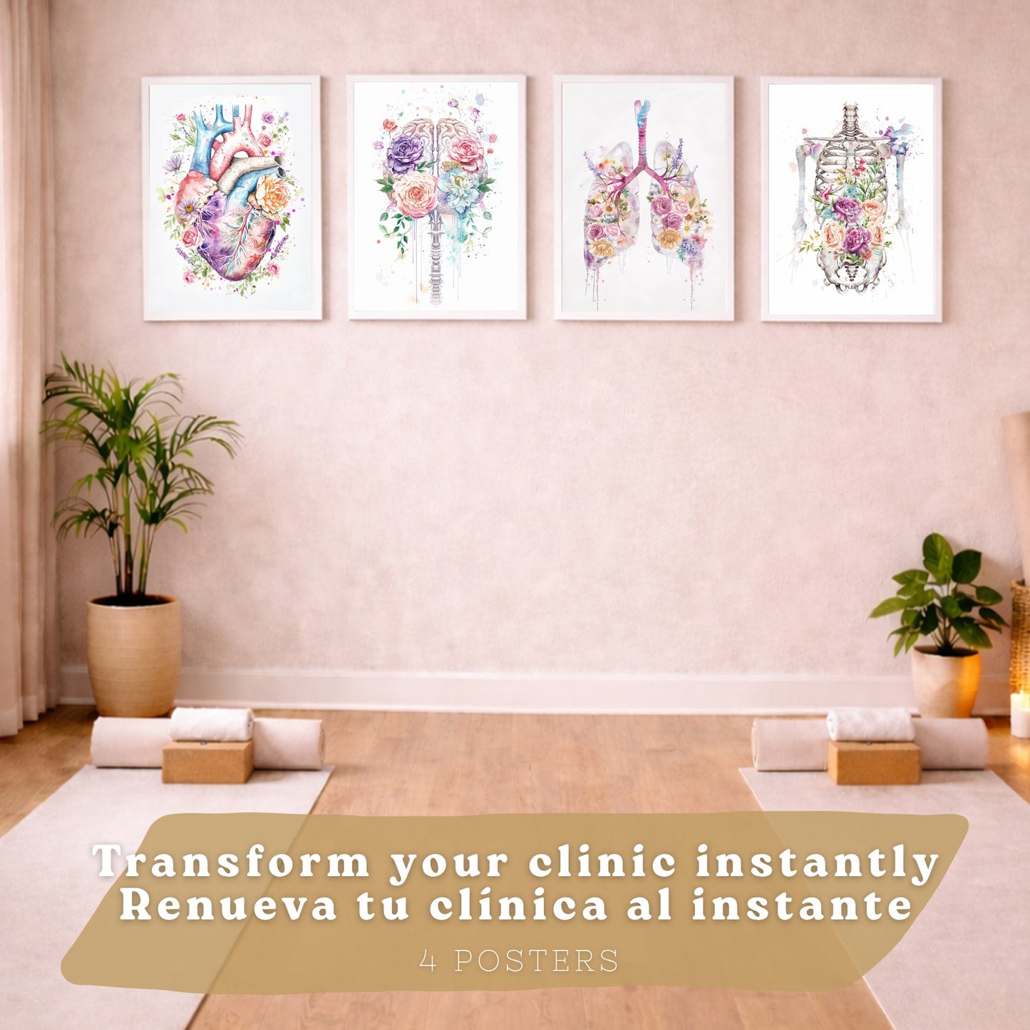 Set 4 Cuadros Decorativos de Anatomía Humana Láminas y Posters con Corazón Cerebro Pulmones Tráquea Bronquios Columna Vertebral Diseño Floral Acuarela