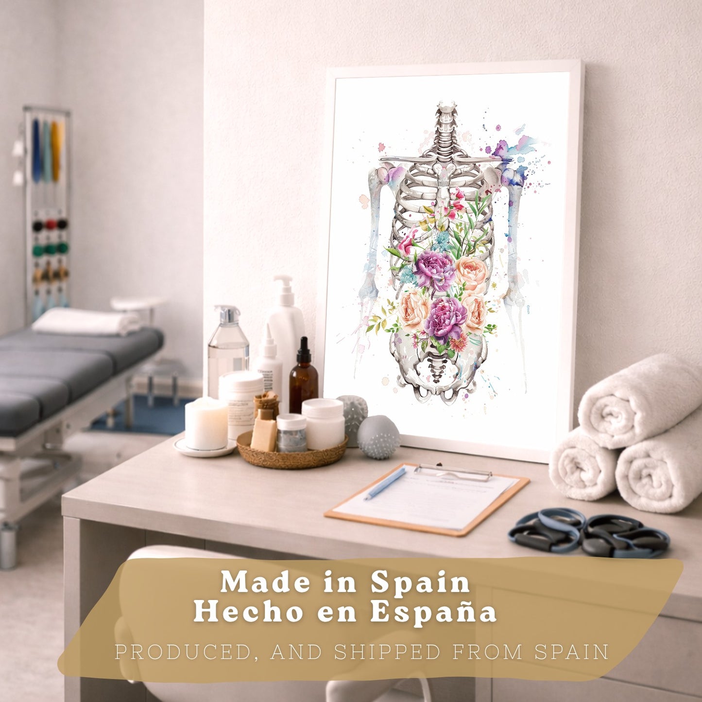 Set 4 Cuadros Decorativos de Anatomía Humana Láminas y Posters con Corazón Cerebro Pulmones Tráquea Bronquios Columna Vertebral Diseño Floral Acuarela