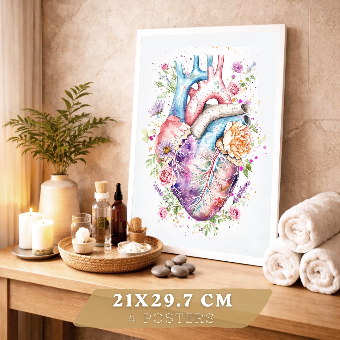 Set 4 Cuadros Decorativos de Anatomía Humana Láminas y Posters con Corazón Cerebro Pulmones Tráquea Bronquios Columna Vertebral Diseño Floral Acuarela