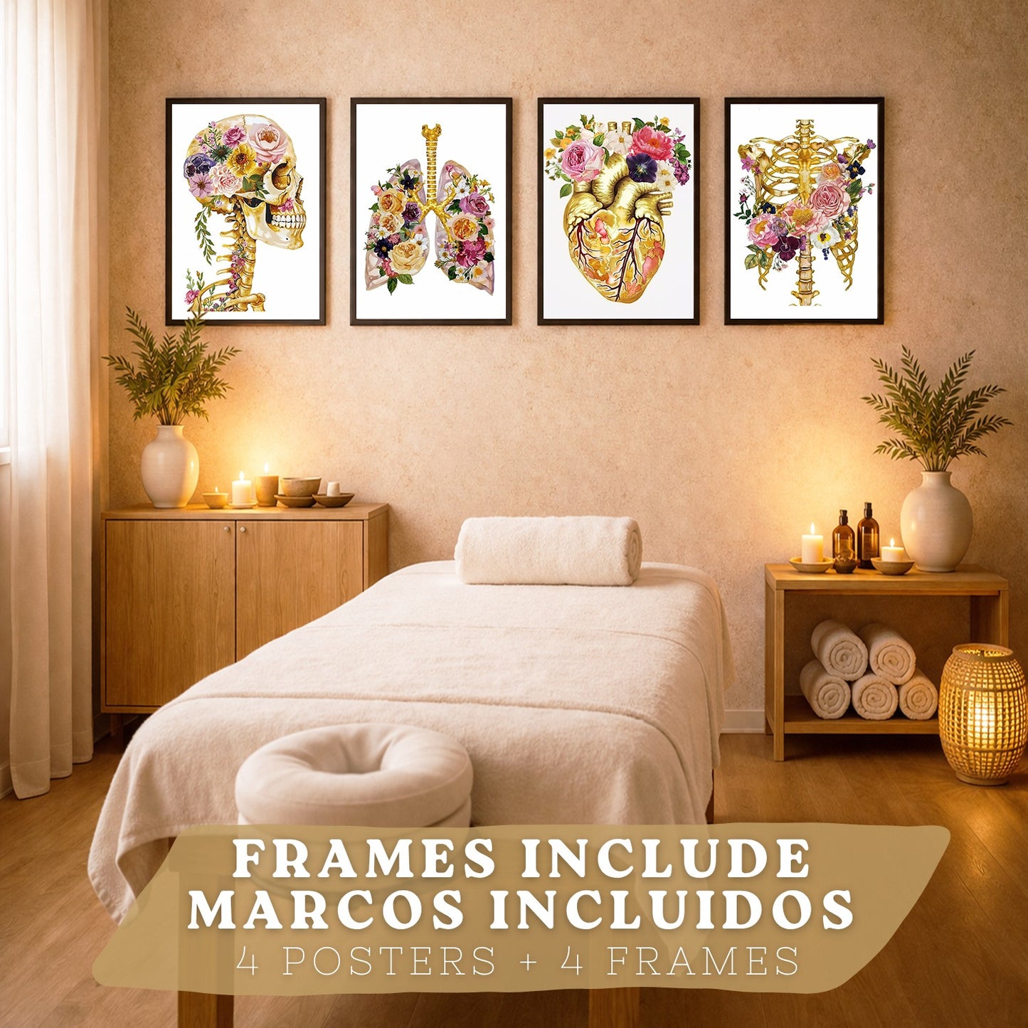 Set 4 Láminas de Anatomía Humana Posters y Cuadros con Calavera, Esqueleto, Corazón y Pulmones Dorados