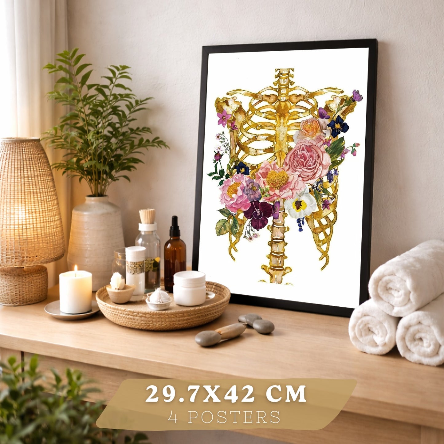 Set 4 Láminas de Anatomía Humana Posters y Cuadros con Calavera, Esqueleto, Corazón y Pulmones Dorados