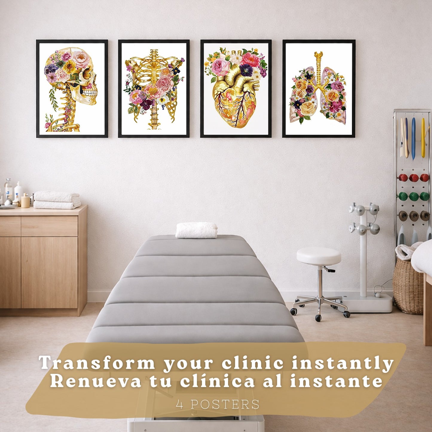 Set 4 Láminas de Anatomía Humana Posters y Cuadros con Calavera, Esqueleto, Corazón y Pulmones Dorados