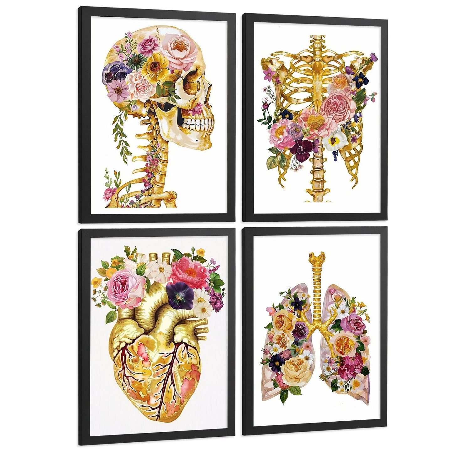 Set 4 Láminas de Anatomía Humana Posters y Cuadros con Calavera, Esqueleto, Corazón y Pulmones Dorados