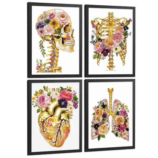 Set 4 Láminas de Anatomía Humana Posters y Cuadros con Calavera, Esqueleto, Corazón y Pulmones Dorados