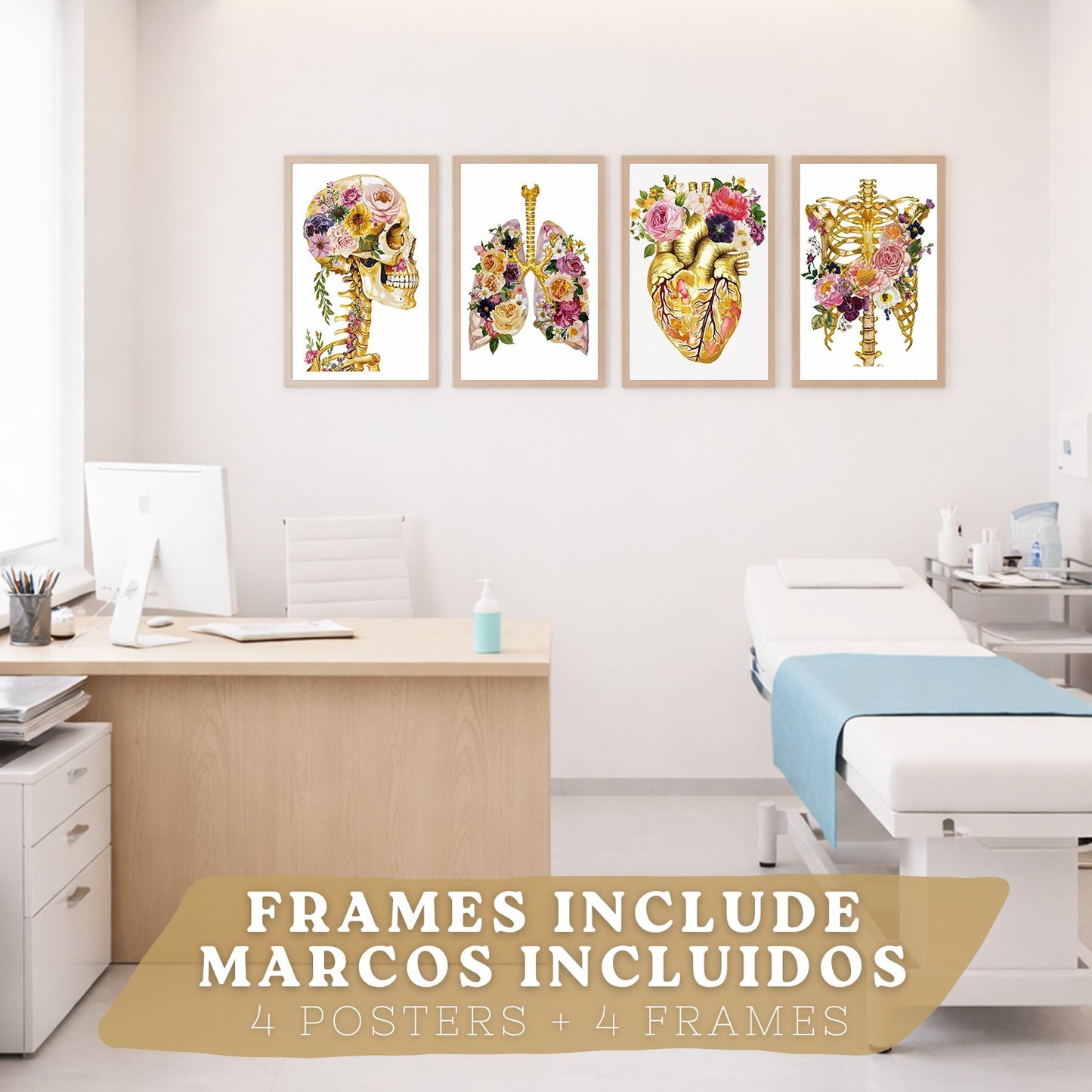 Set 4 Láminas de Anatomía Humana Posters y Cuadros con Calavera, Esqueleto, Corazón y Pulmones Dorados