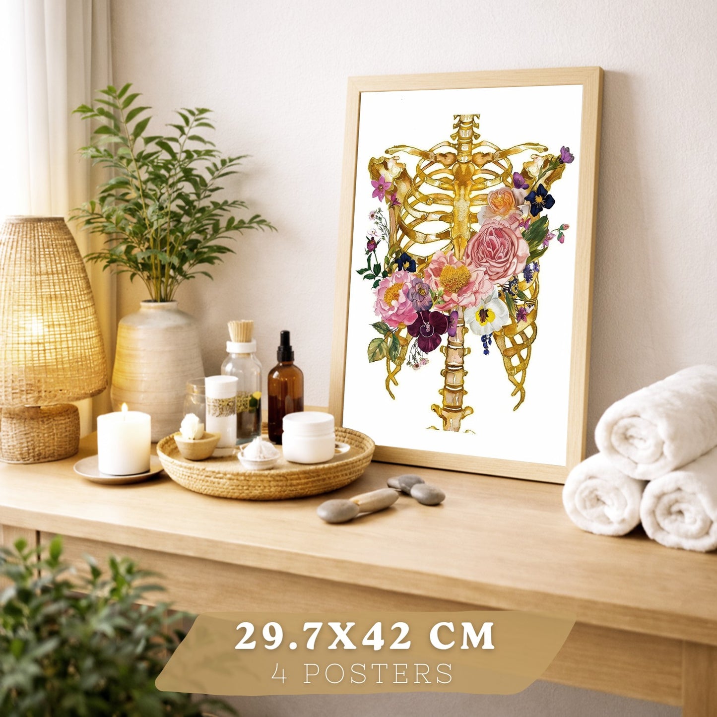 Set 4 Láminas de Anatomía Humana Posters y Cuadros con Calavera, Esqueleto, Corazón y Pulmones Dorados