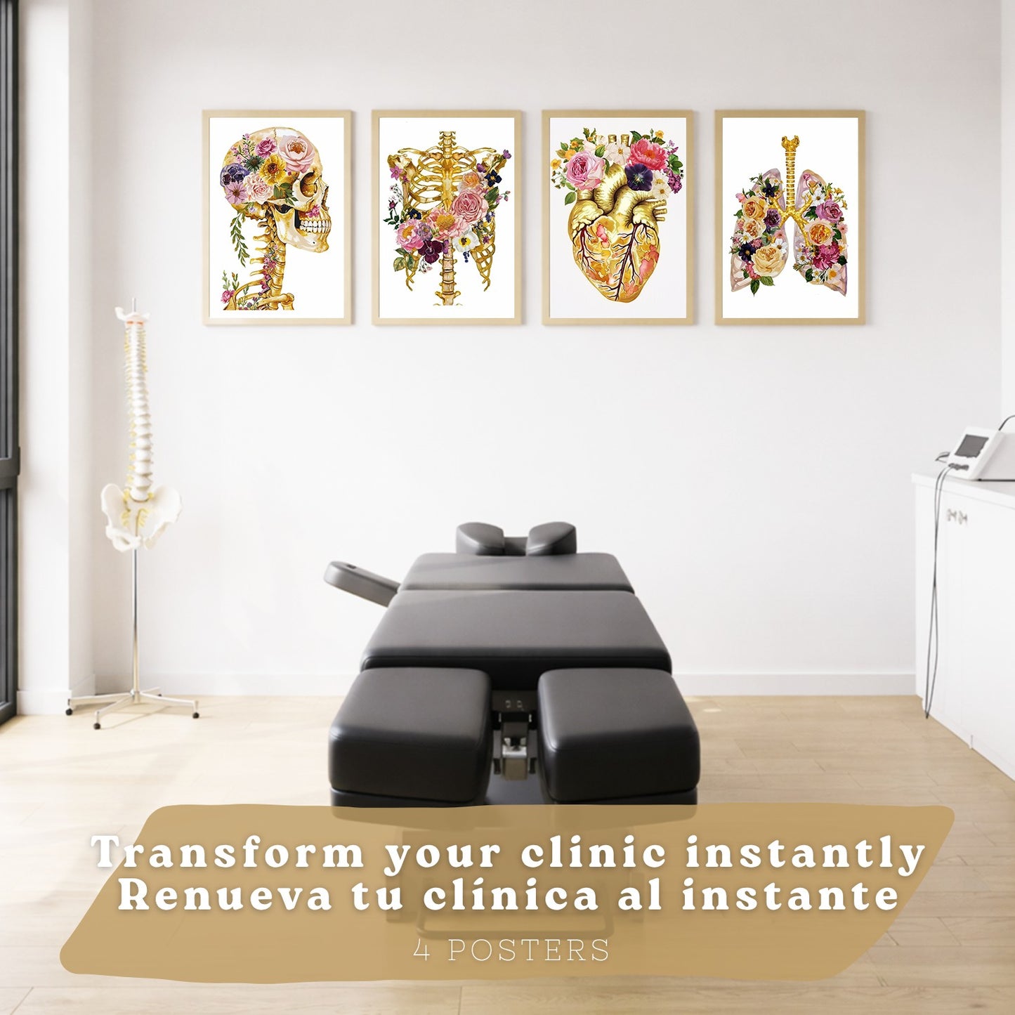 Set 4 Láminas de Anatomía Humana Posters y Cuadros con Calavera, Esqueleto, Corazón y Pulmones Dorados