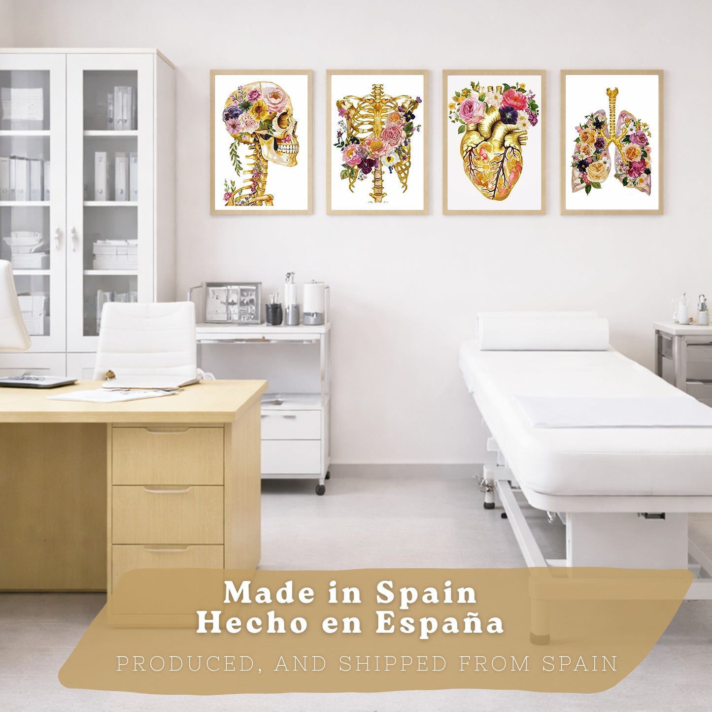 Set 4 Láminas de Anatomía Humana Posters y Cuadros con Calavera, Esqueleto, Corazón y Pulmones Dorados