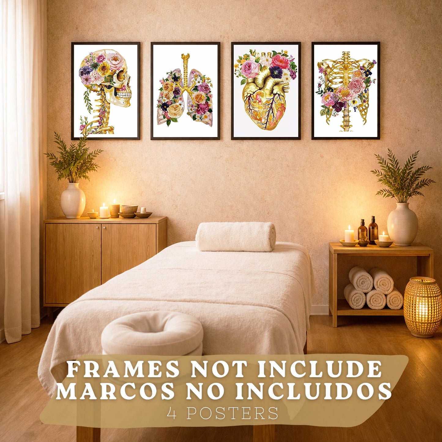 Set 4 Láminas de Anatomía Humana Posters y Cuadros con Calavera, Esqueleto, Corazón y Pulmones Dorados