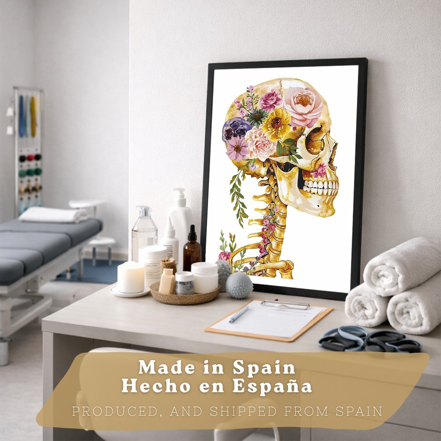 Set 4 Láminas de Anatomía Humana Posters y Cuadros con Calavera, Esqueleto, Corazón y Pulmones Dorados
