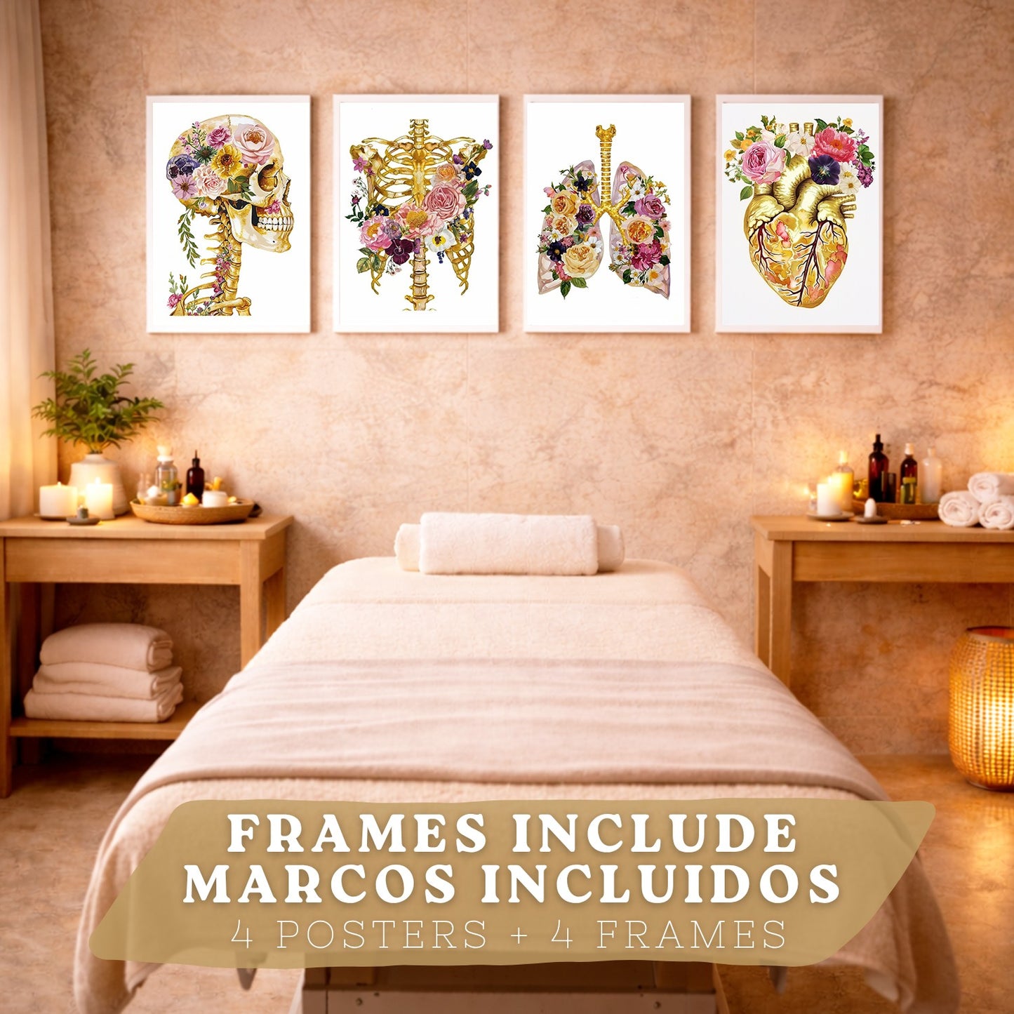 Set 4 Láminas de Anatomía Humana Posters y Cuadros con Calavera, Esqueleto, Corazón y Pulmones Dorados