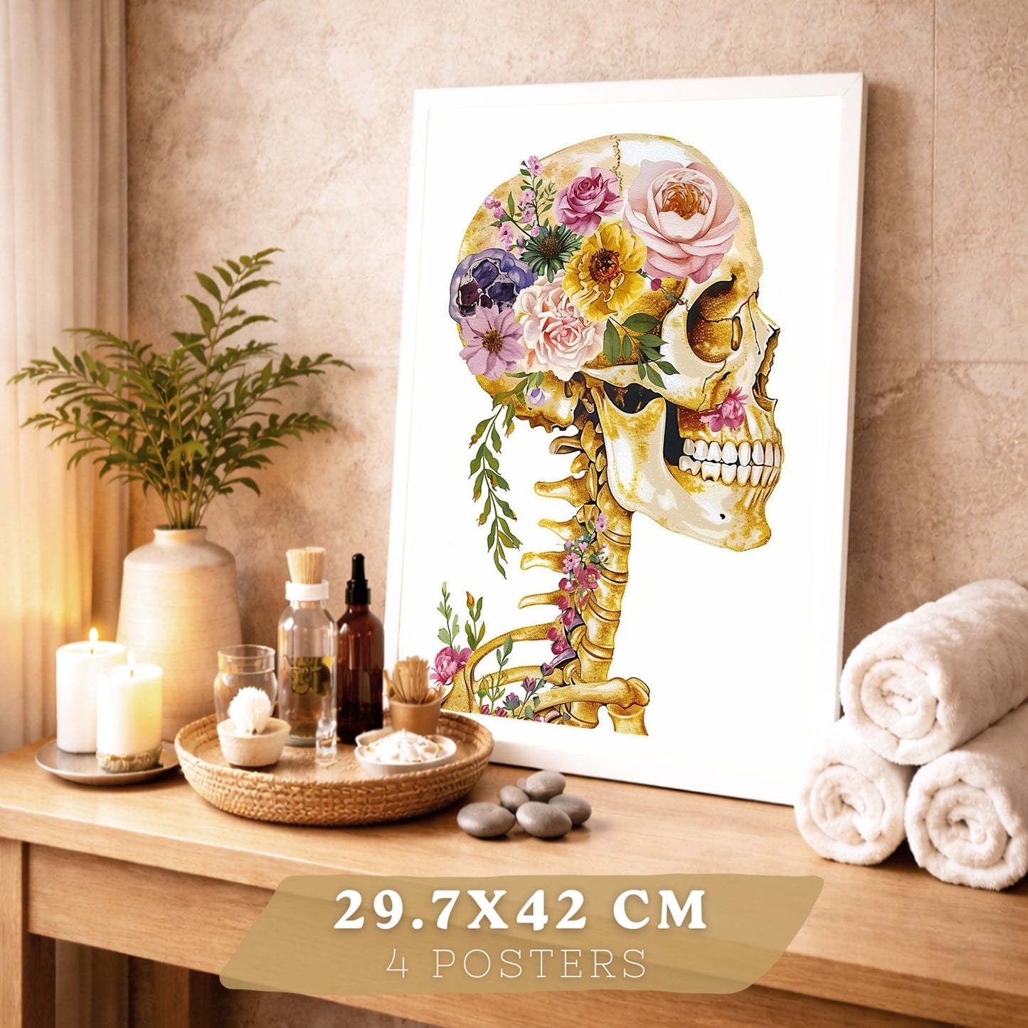 Set 4 Láminas de Anatomía Humana Posters y Cuadros con Calavera, Esqueleto, Corazón y Pulmones Dorados