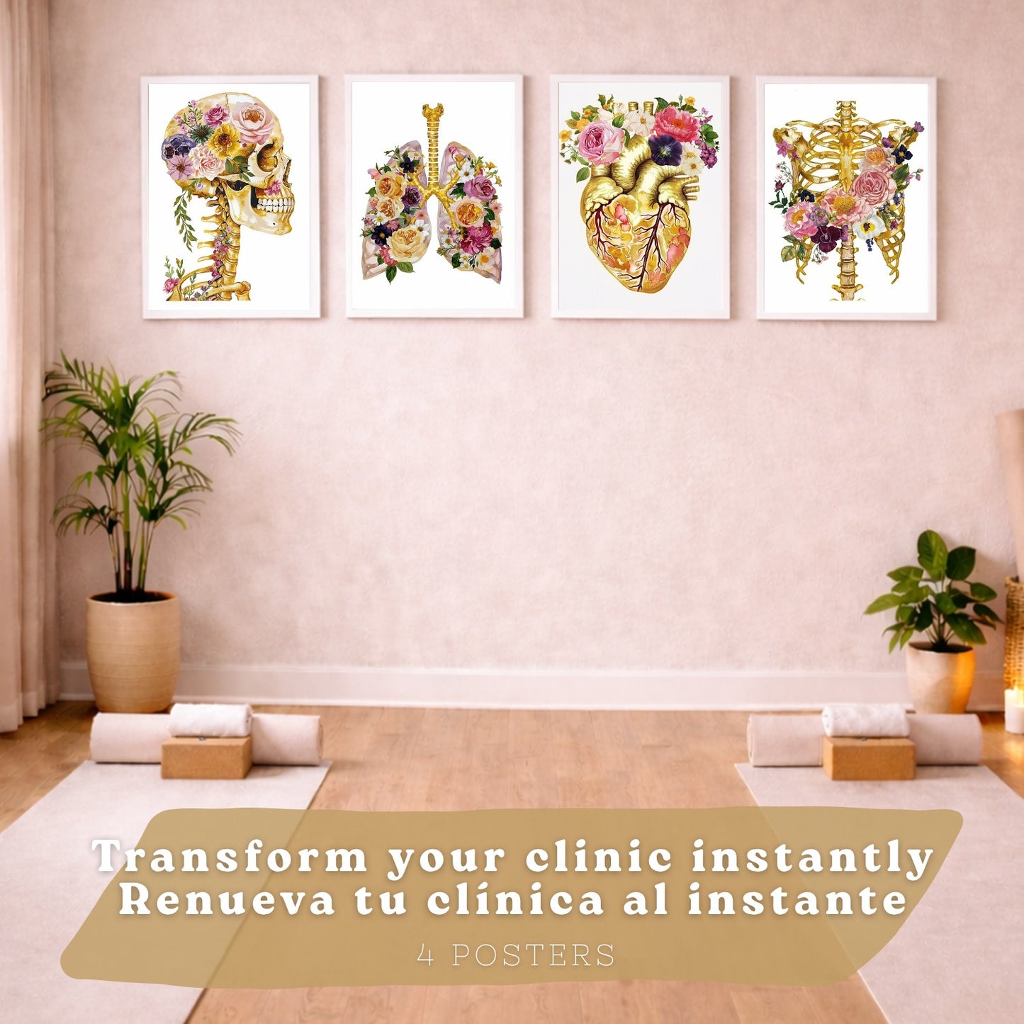 Set 4 Láminas de Anatomía Humana Posters y Cuadros con Calavera, Esqueleto, Corazón y Pulmones Dorados