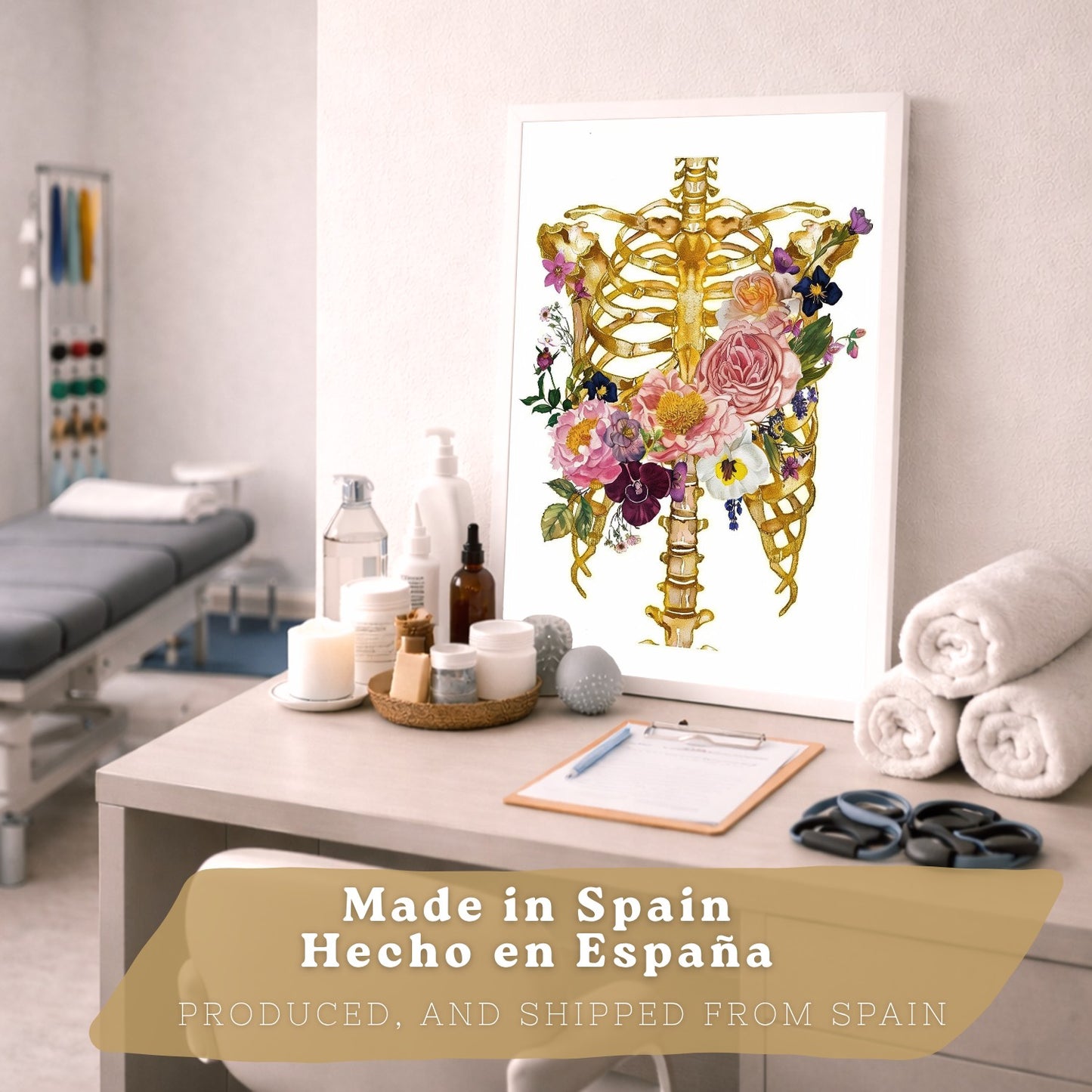 Set 4 Láminas de Anatomía Humana Posters y Cuadros con Calavera, Esqueleto, Corazón y Pulmones Dorados