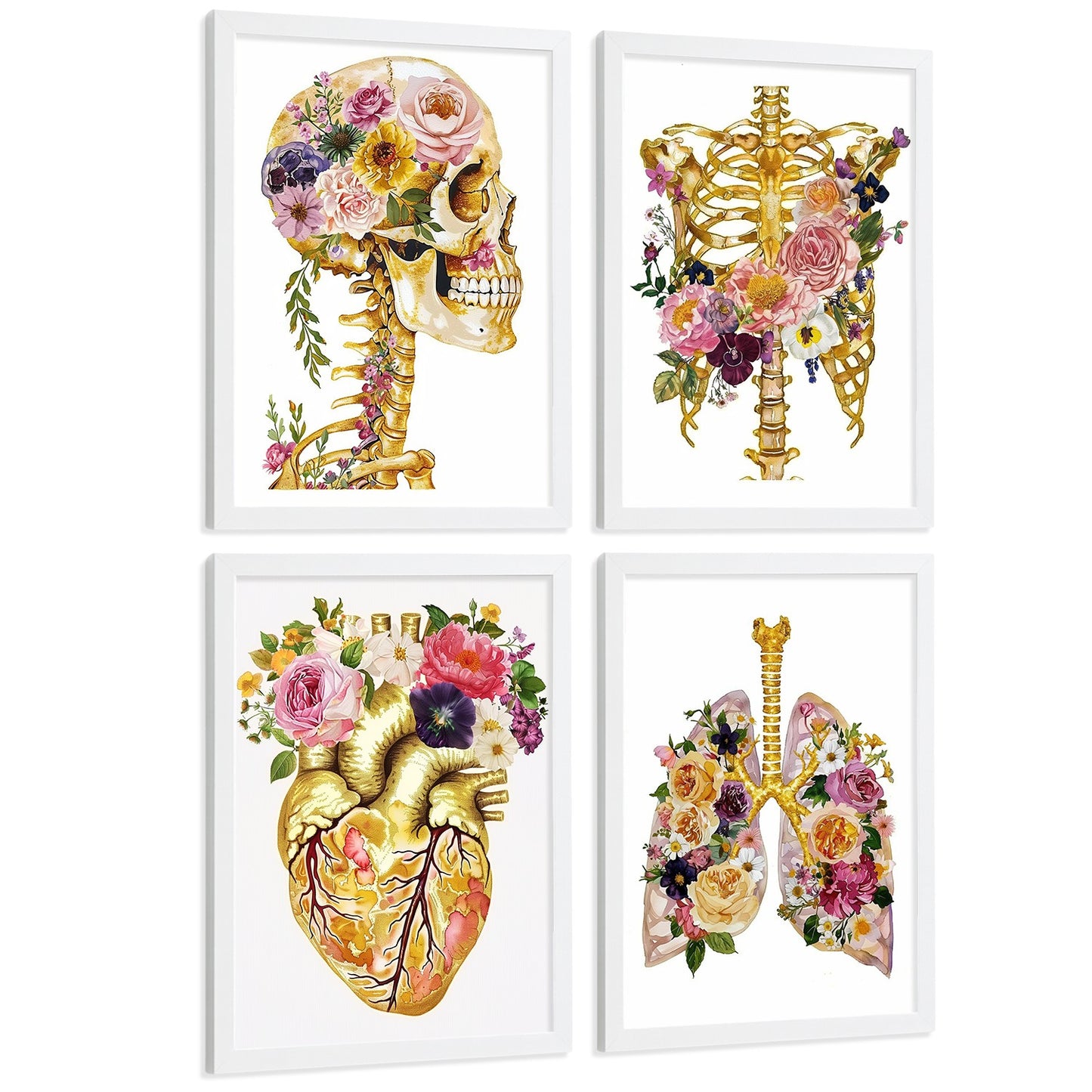 Set 4 Láminas de Anatomía Humana Posters y Cuadros con Calavera, Esqueleto, Corazón y Pulmones Dorados