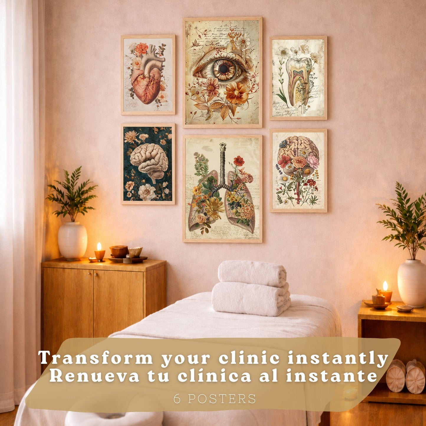 Set de 6 láminas anatómicas clásicas para decorar pared, arte médico botánico con ojo, corazón, diente, útero, pulmones y cerebro, manuscrito antiguo, sin marco