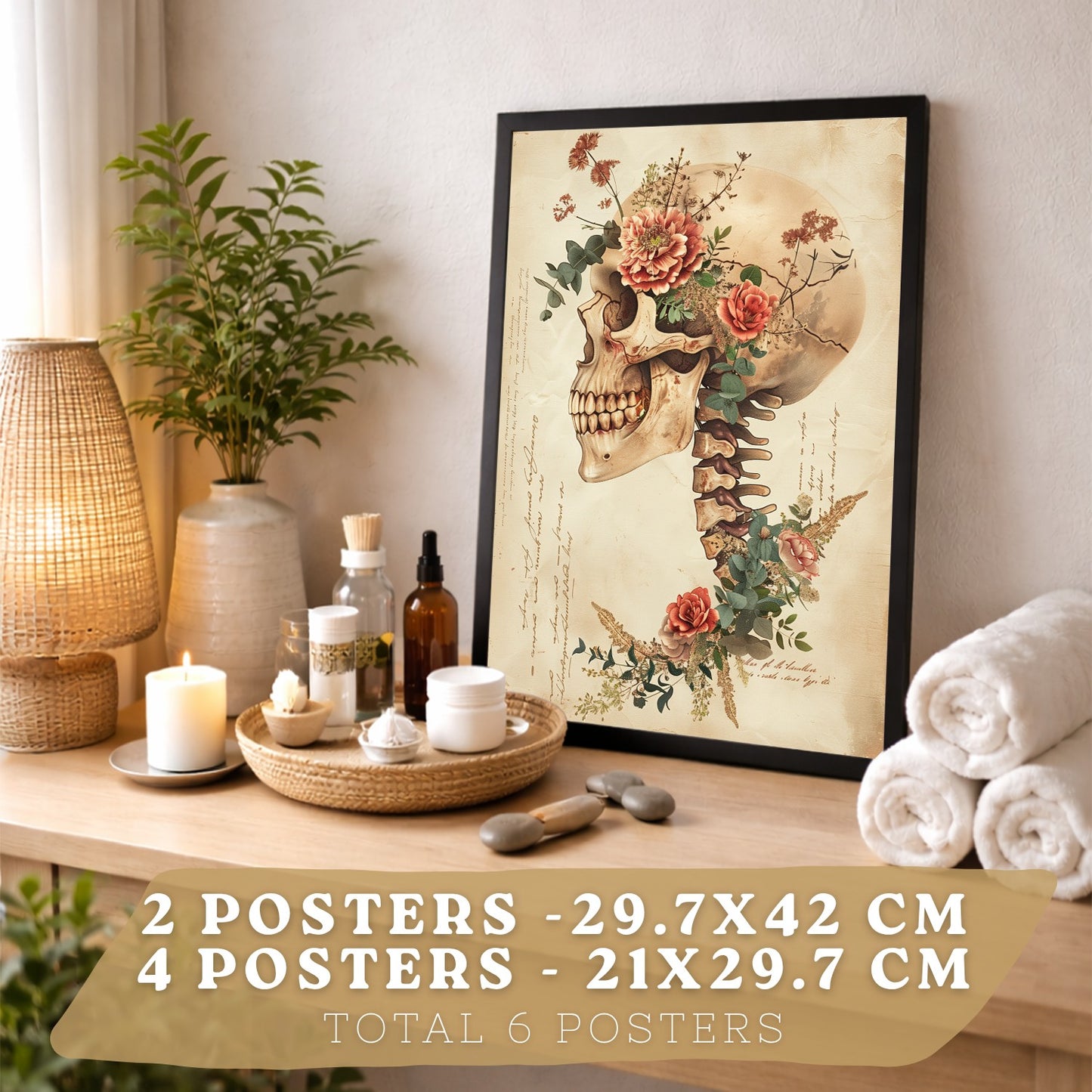 Colección de 6 posters anatómicos estilo antiguo para pared, ilustraciones médicas de corazón, cráneo, pulmones, riñones y cerebro con flores, fondo pergamino,
