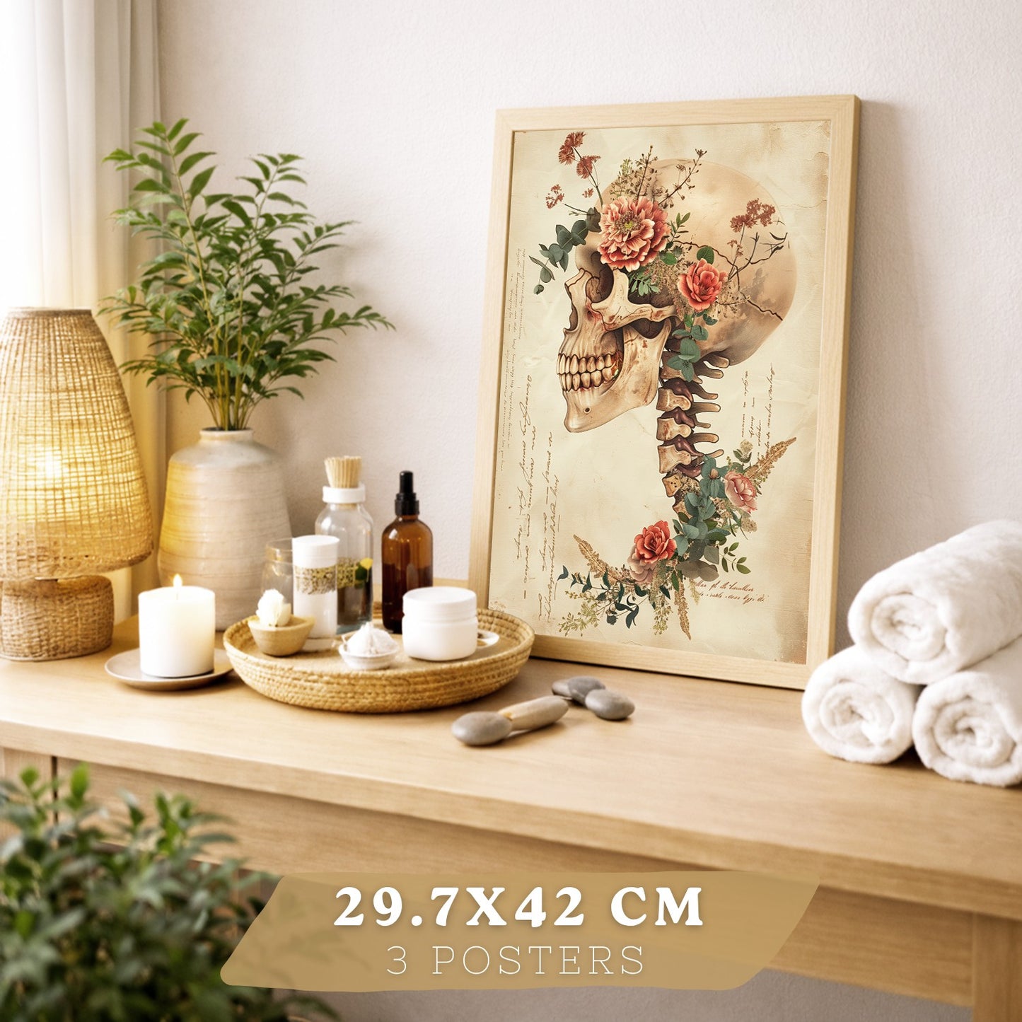 Colección de 6 posters anatómicos estilo antiguo para pared, ilustraciones médicas de corazón, cráneo, pulmones, riñones y cerebro con flores, fondo pergamino,