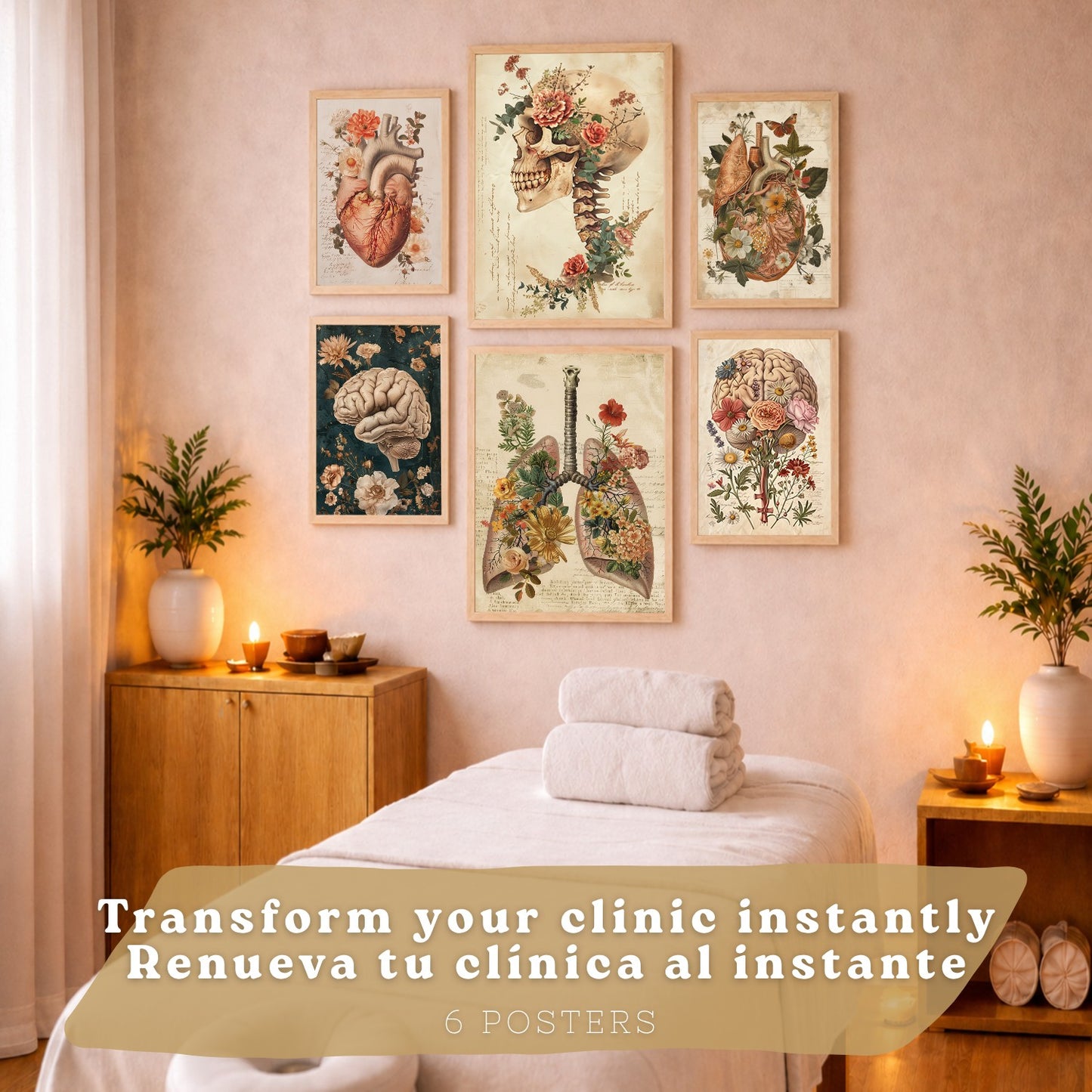 Colección de 6 posters anatómicos estilo antiguo para pared, ilustraciones médicas de corazón, cráneo, pulmones, riñones y cerebro con flores, fondo pergamino,