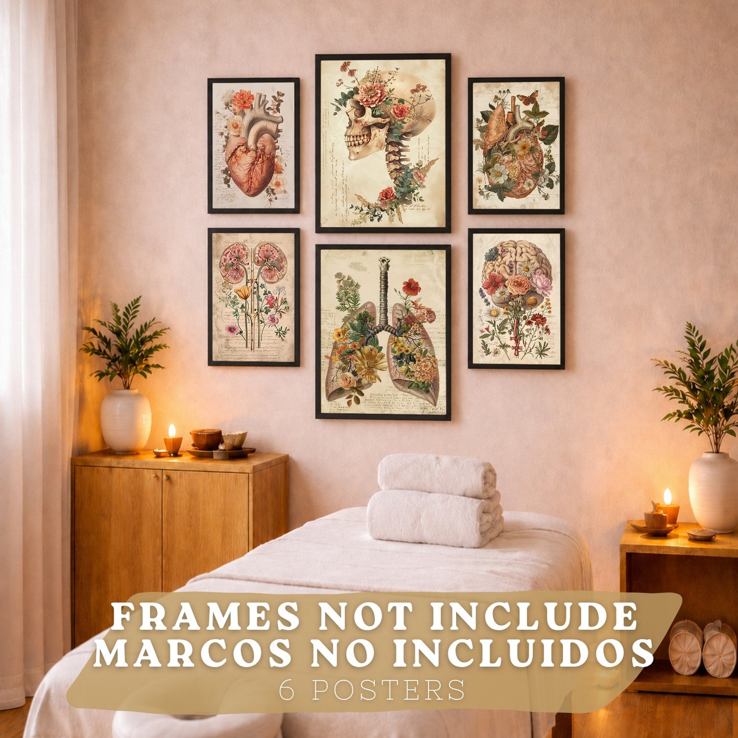 Colección de 6 posters anatómicos estilo antiguo para pared, ilustraciones médicas de corazón, cráneo, pulmones, riñones y cerebro con flores, fondo pergamino,
