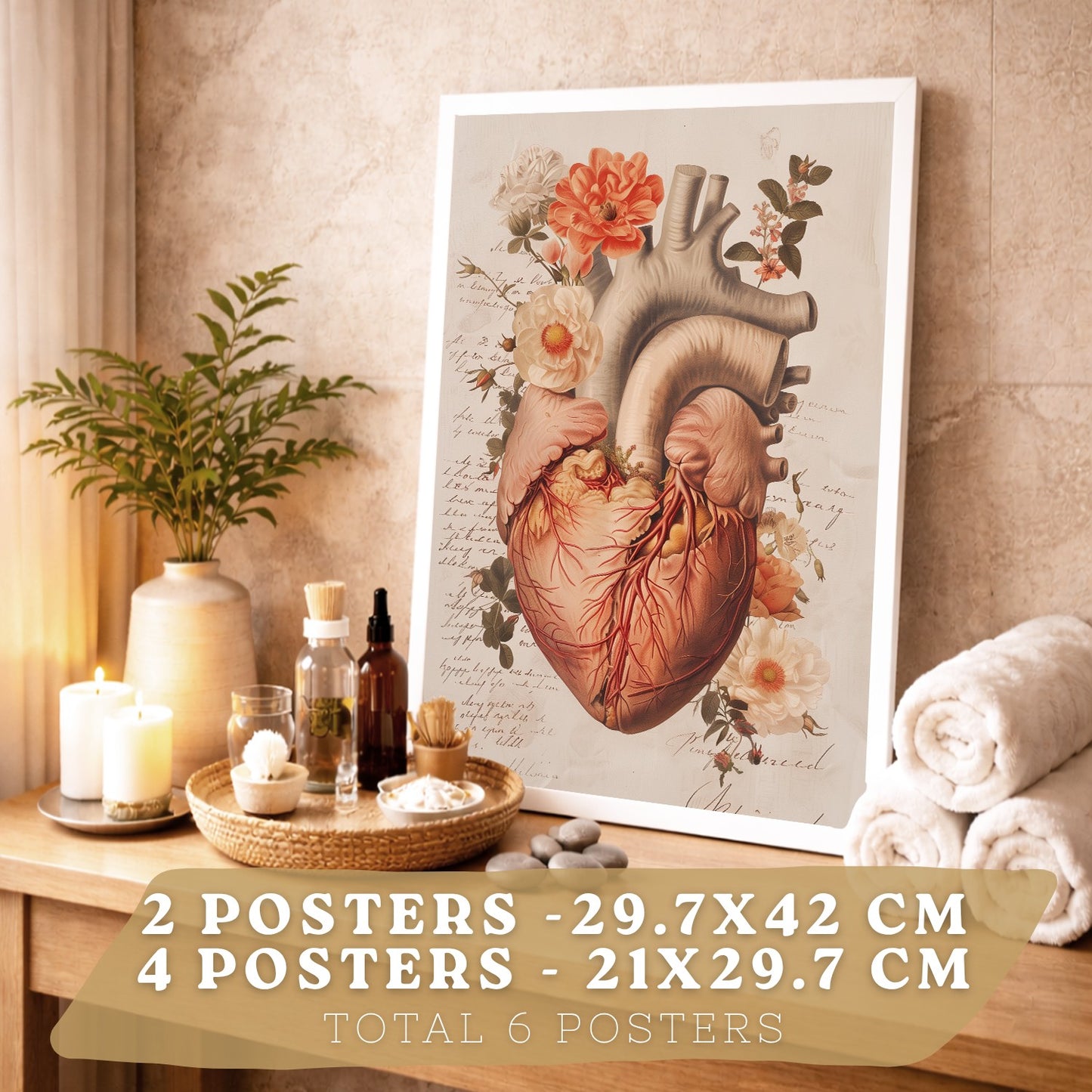 Colección de 6 posters anatómicos estilo antiguo para pared, ilustraciones médicas de corazón, cráneo, pulmones, riñones y cerebro con flores, fondo pergamino,
