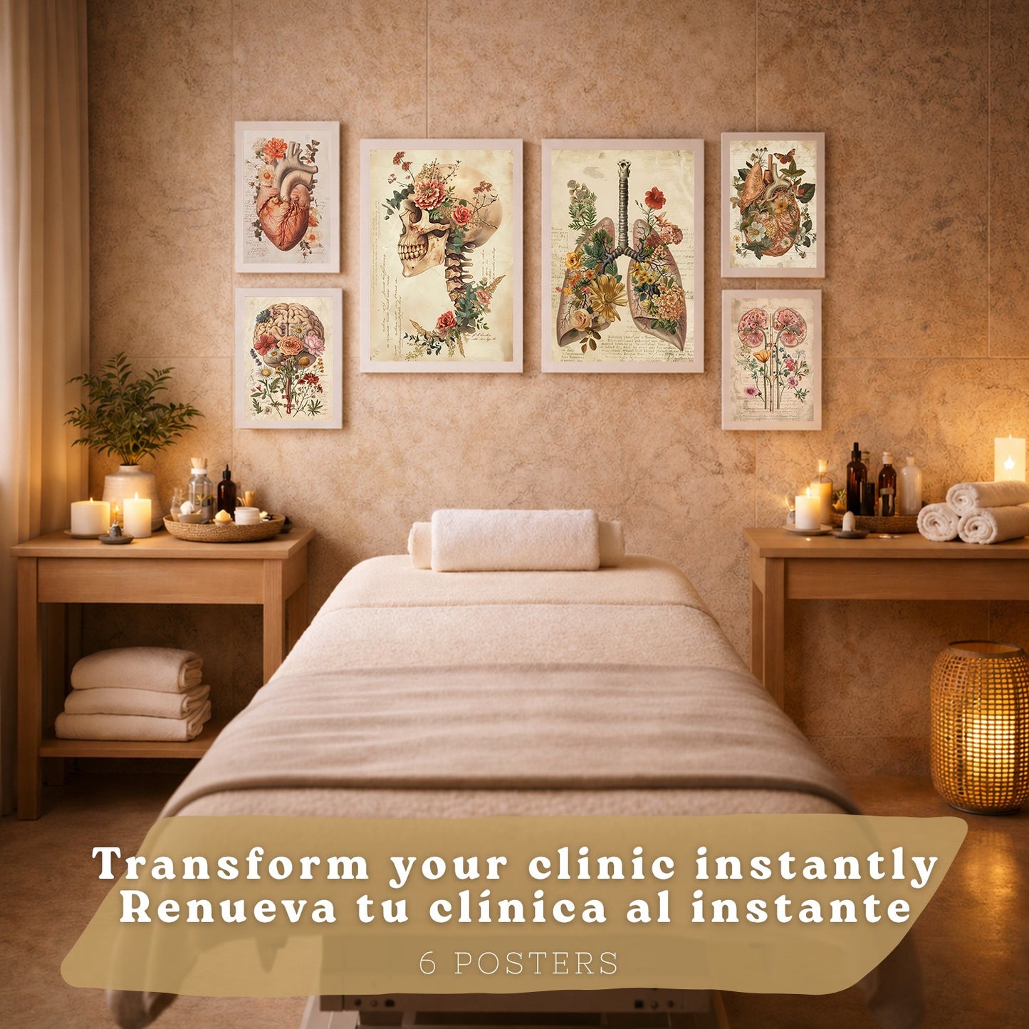 Colección de 6 posters anatómicos estilo antiguo para pared, ilustraciones médicas de corazón, cráneo, pulmones, riñones y cerebro con flores, fondo pergamino,
