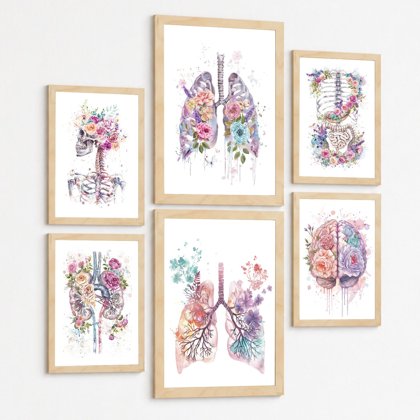 Set de 6 láminas de anatomía floral en acuarela, pósters con ilustraciones de cerebro, pulmones, esqueleto, riñones y órganos,médico botánico para pared,