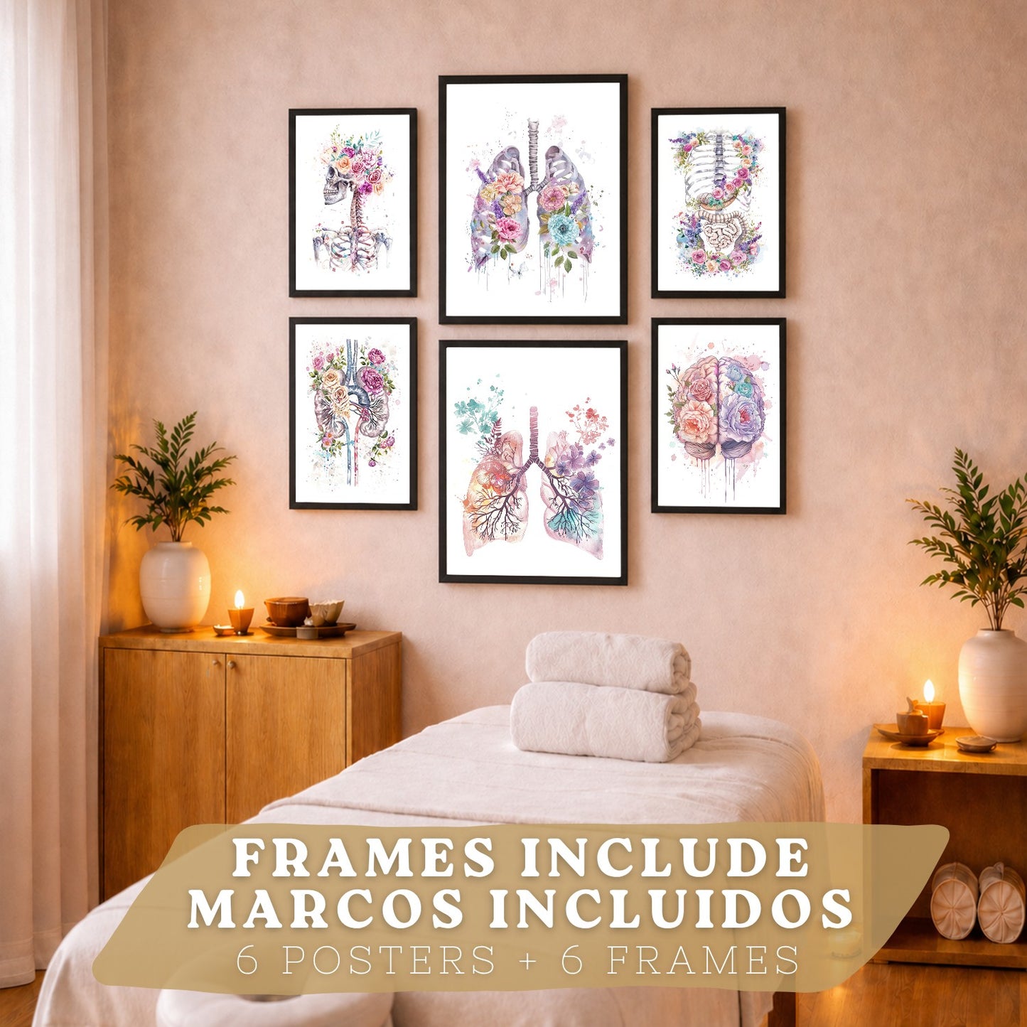 Set de 6 láminas de anatomía floral en acuarela, pósters con ilustraciones de cerebro, pulmones, esqueleto, riñones y órganos,médico botánico para pared,