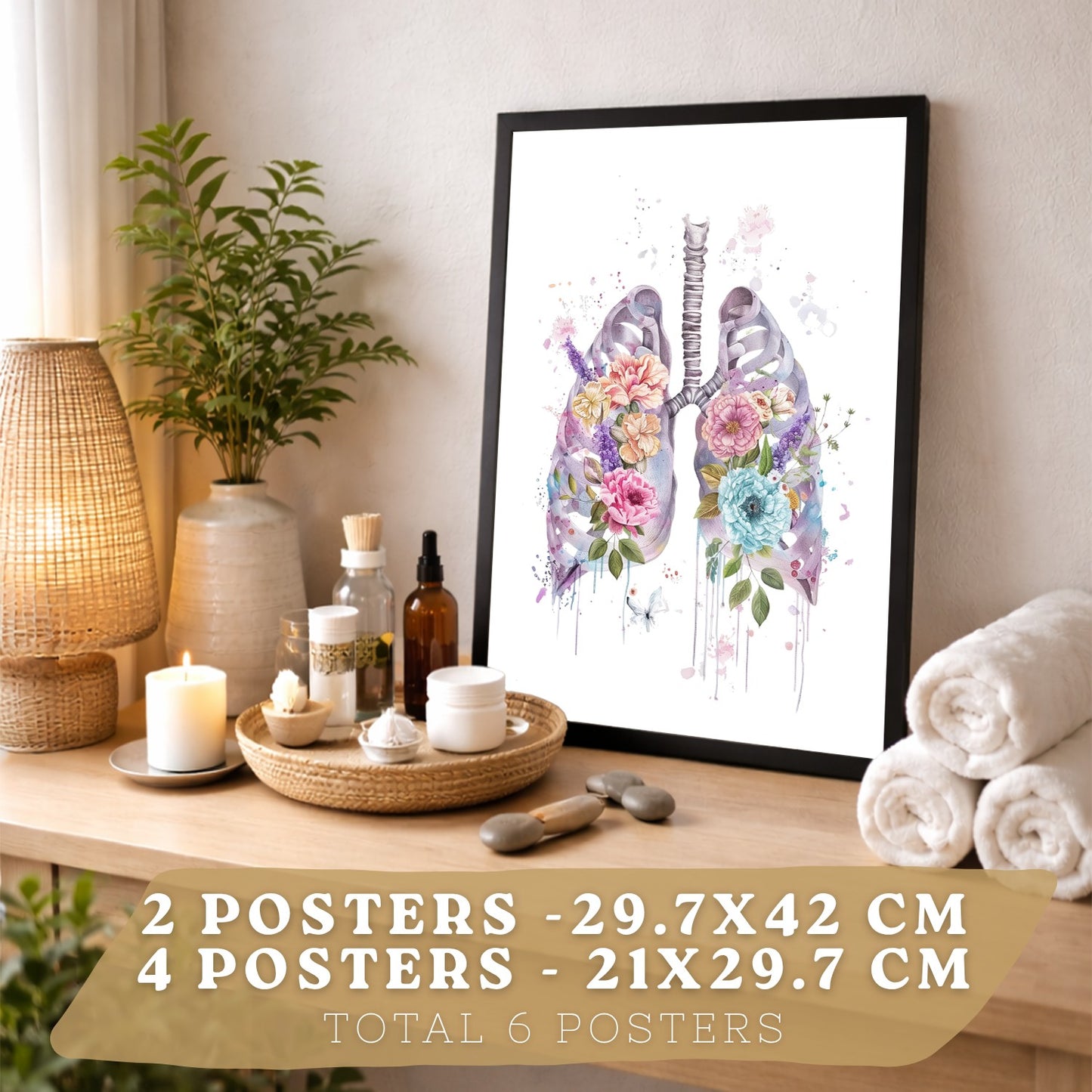 Set de 6 láminas de anatomía floral en acuarela, pósters con ilustraciones de cerebro, pulmones, esqueleto, riñones y órganos,médico botánico para pared,