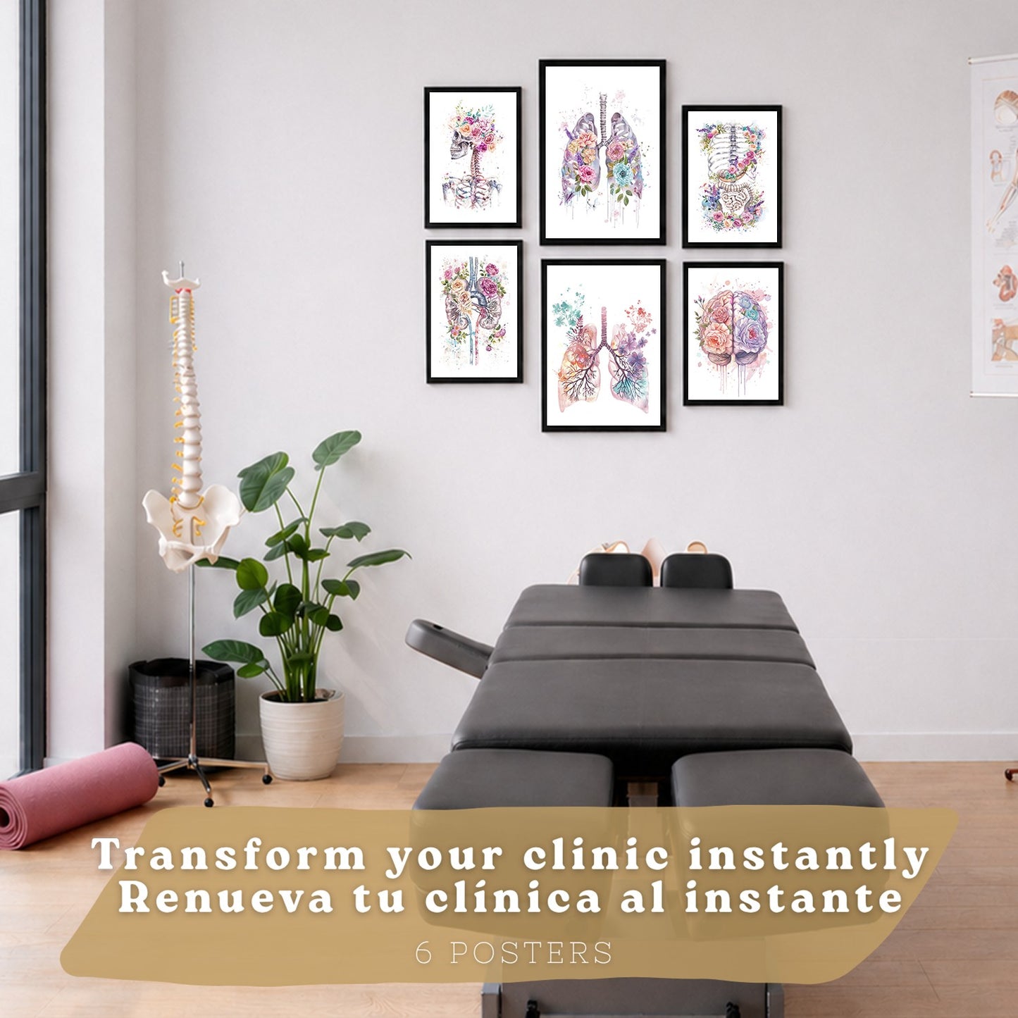 Set de 6 láminas de anatomía floral en acuarela, pósters con ilustraciones de cerebro, pulmones, esqueleto, riñones y órganos,médico botánico para pared,