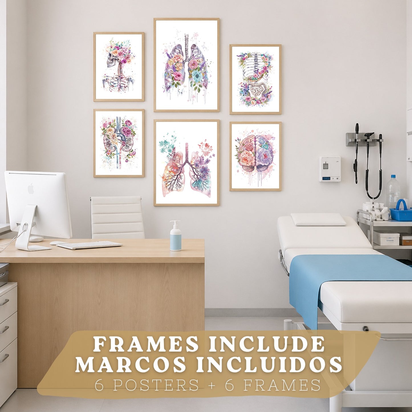 Set de 6 láminas de anatomía floral en acuarela, pósters con ilustraciones de cerebro, pulmones, esqueleto, riñones y órganos,médico botánico para pared,