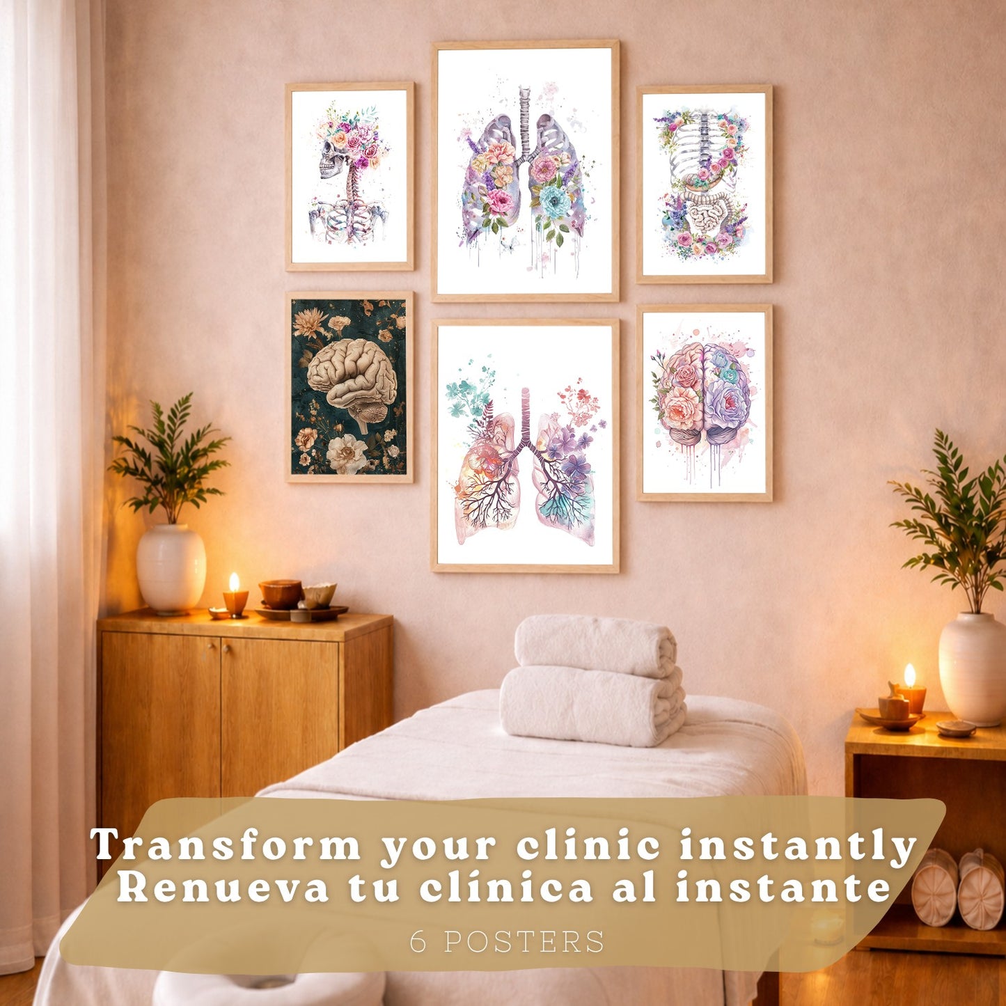 Set de 6 láminas de anatomía floral en acuarela, pósters con ilustraciones de cerebro, pulmones, esqueleto, riñones y órganos,médico botánico para pared,