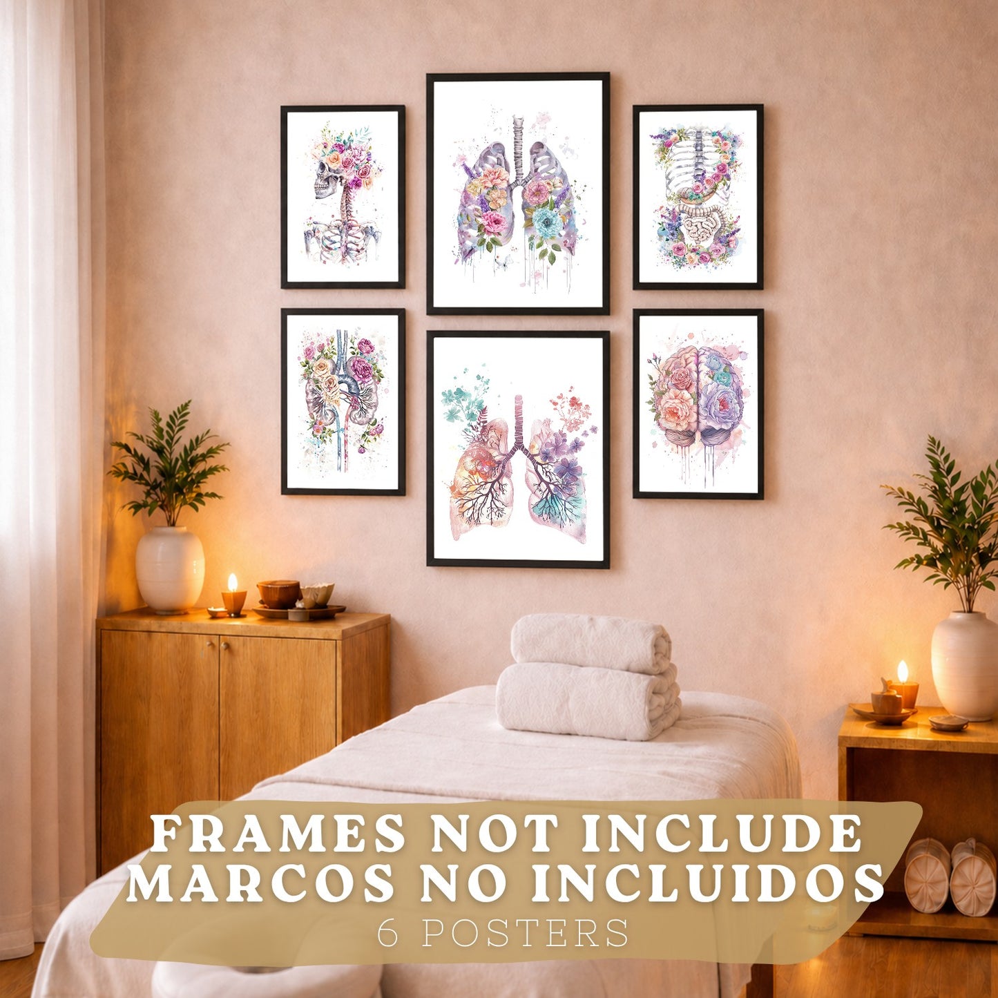 Set de 6 láminas de anatomía floral en acuarela, pósters con ilustraciones de cerebro, pulmones, esqueleto, riñones y órganos,médico botánico para pared,