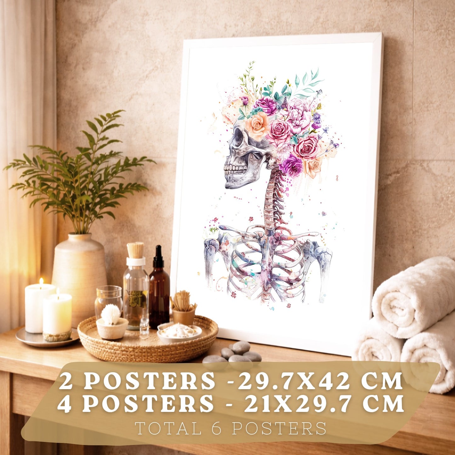 Set de 6 láminas de anatomía floral en acuarela, pósters con ilustraciones de cerebro, pulmones, esqueleto, riñones y órganos,médico botánico para pared,