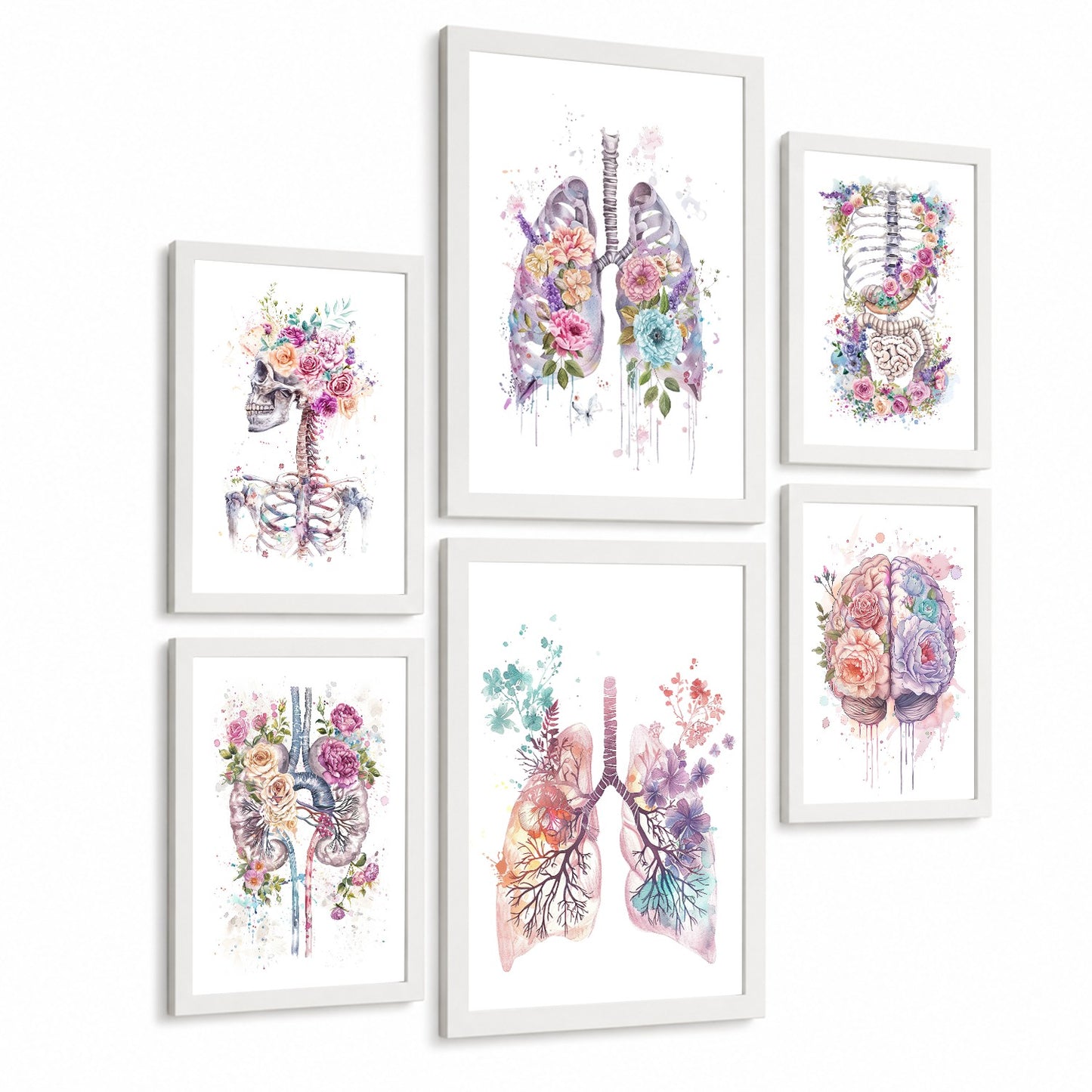 Set de 6 láminas de anatomía floral en acuarela, pósters con ilustraciones de cerebro, pulmones, esqueleto, riñones y órganos,médico botánico para pared,
