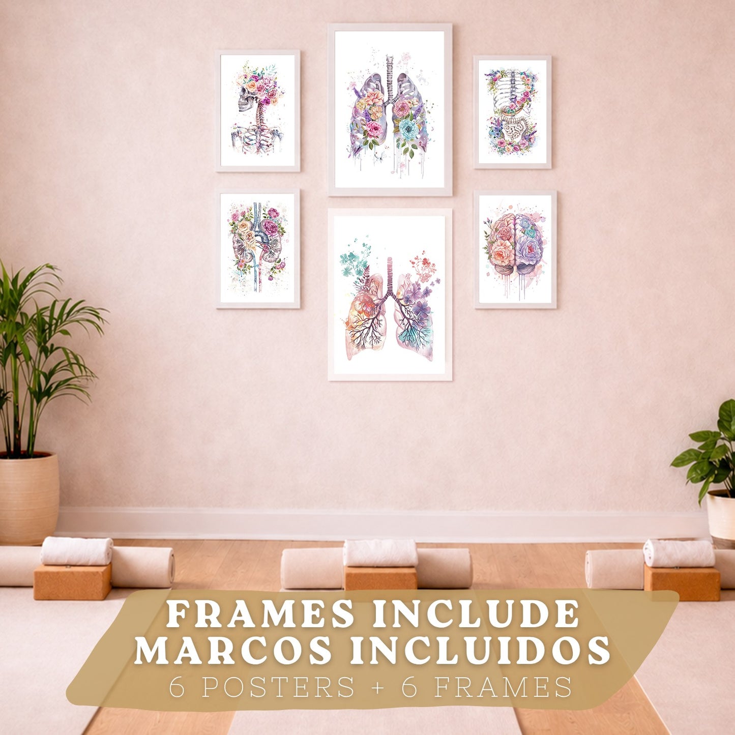 Set de 6 láminas de anatomía floral en acuarela, pósters con ilustraciones de cerebro, pulmones, esqueleto, riñones y órganos,médico botánico para pared,