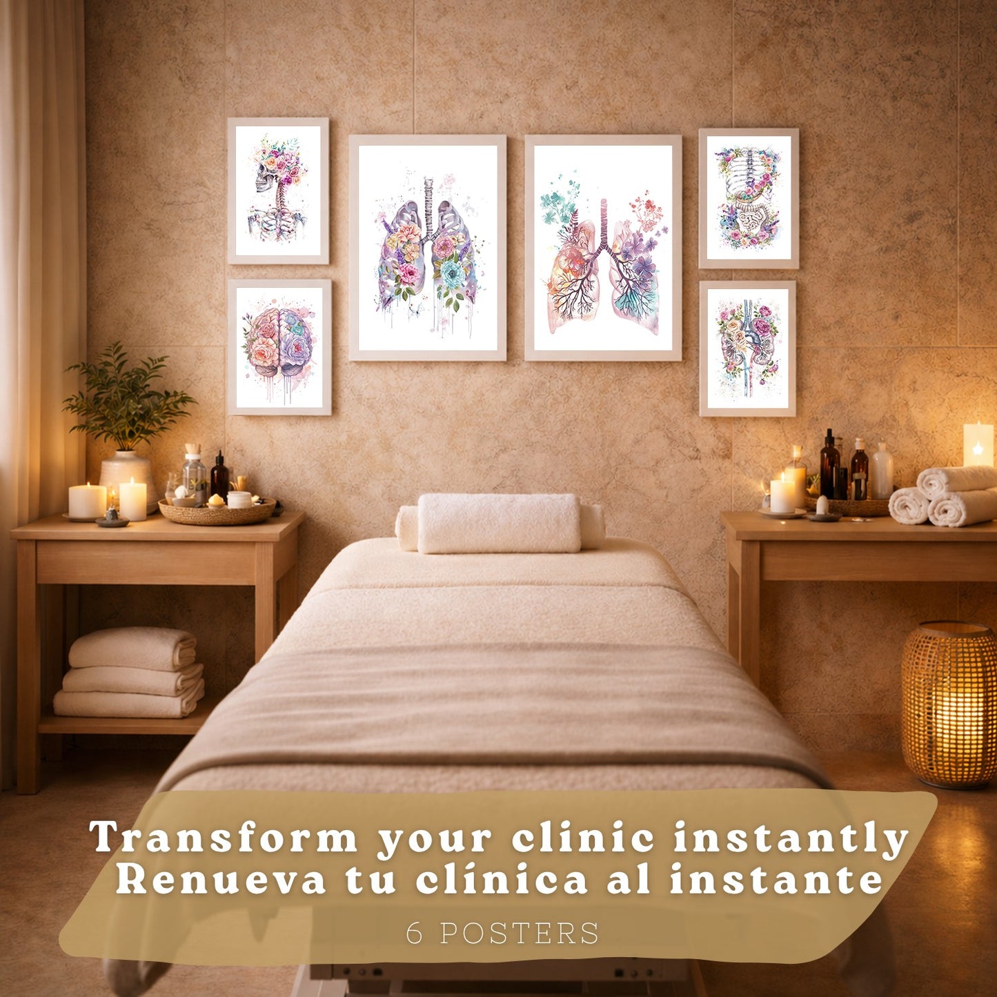 Set de 6 láminas de anatomía floral en acuarela, pósters con ilustraciones de cerebro, pulmones, esqueleto, riñones y órganos,médico botánico para pared,